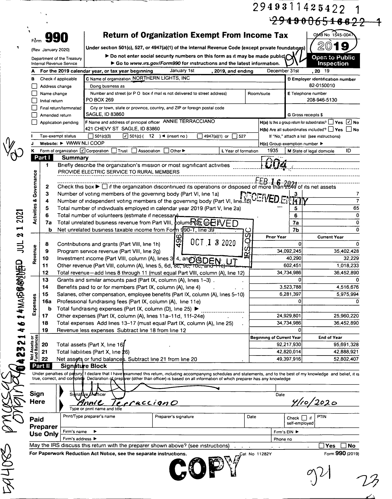 Image of first page of 2019 Form 990O for Northern Lights Incorporated