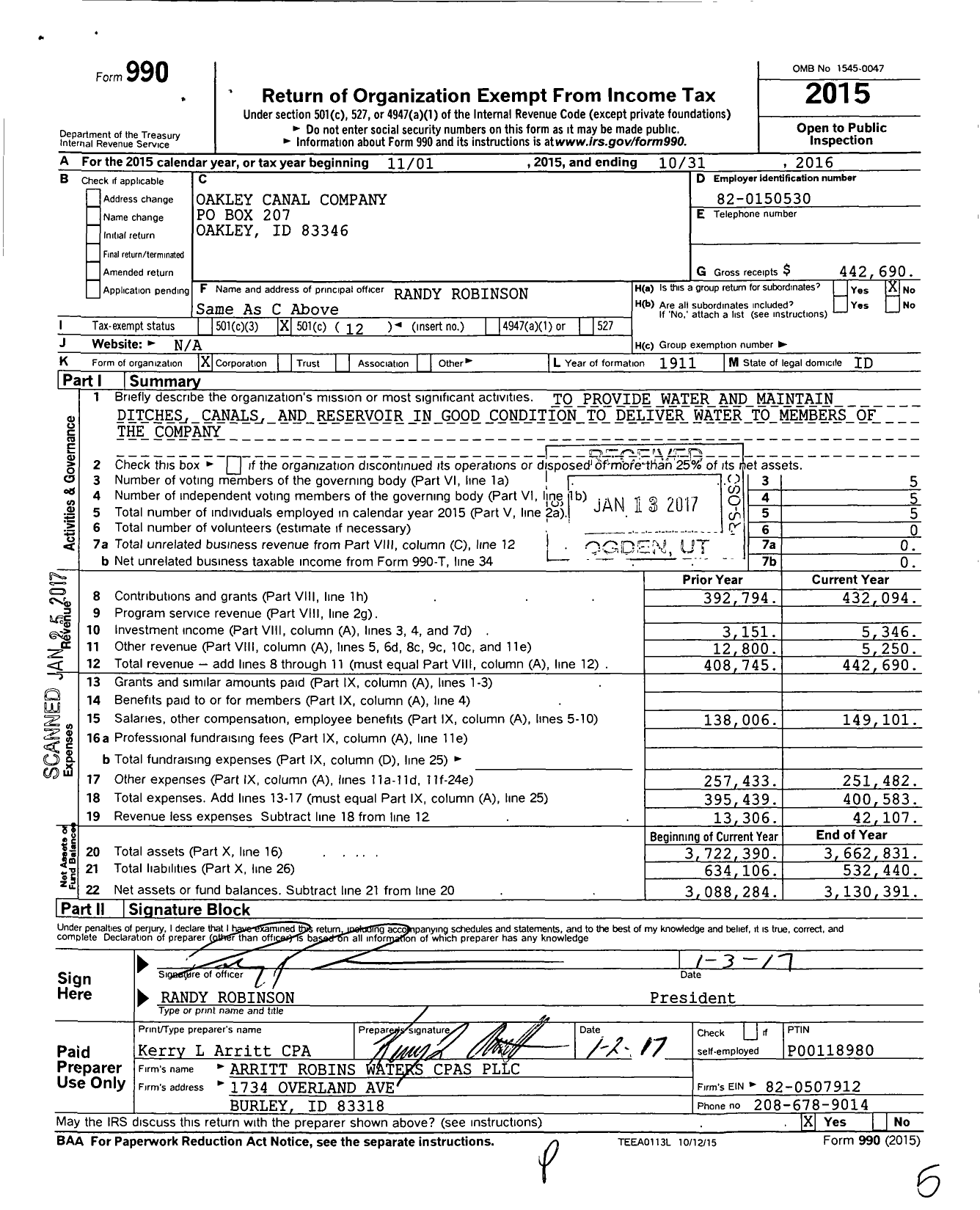 Image of first page of 2015 Form 990O for Oakley Canal Company