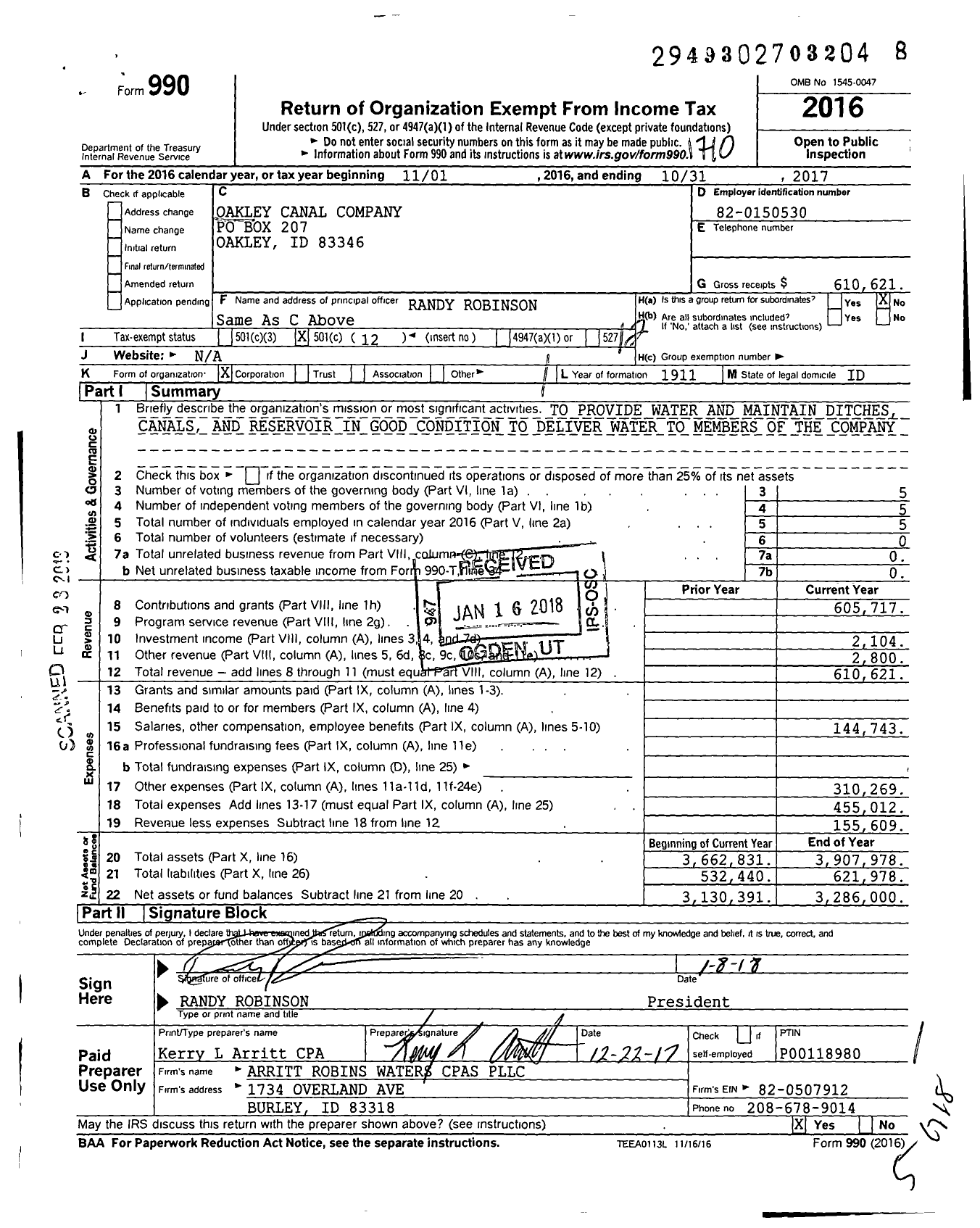 Image of first page of 2016 Form 990O for Oakley Canal Company