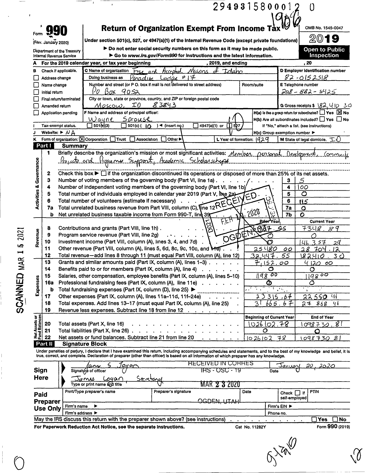 Image of first page of 2018 Form 990O for Ancient Free and Accepted Masons of Idaho - 17 Paradise