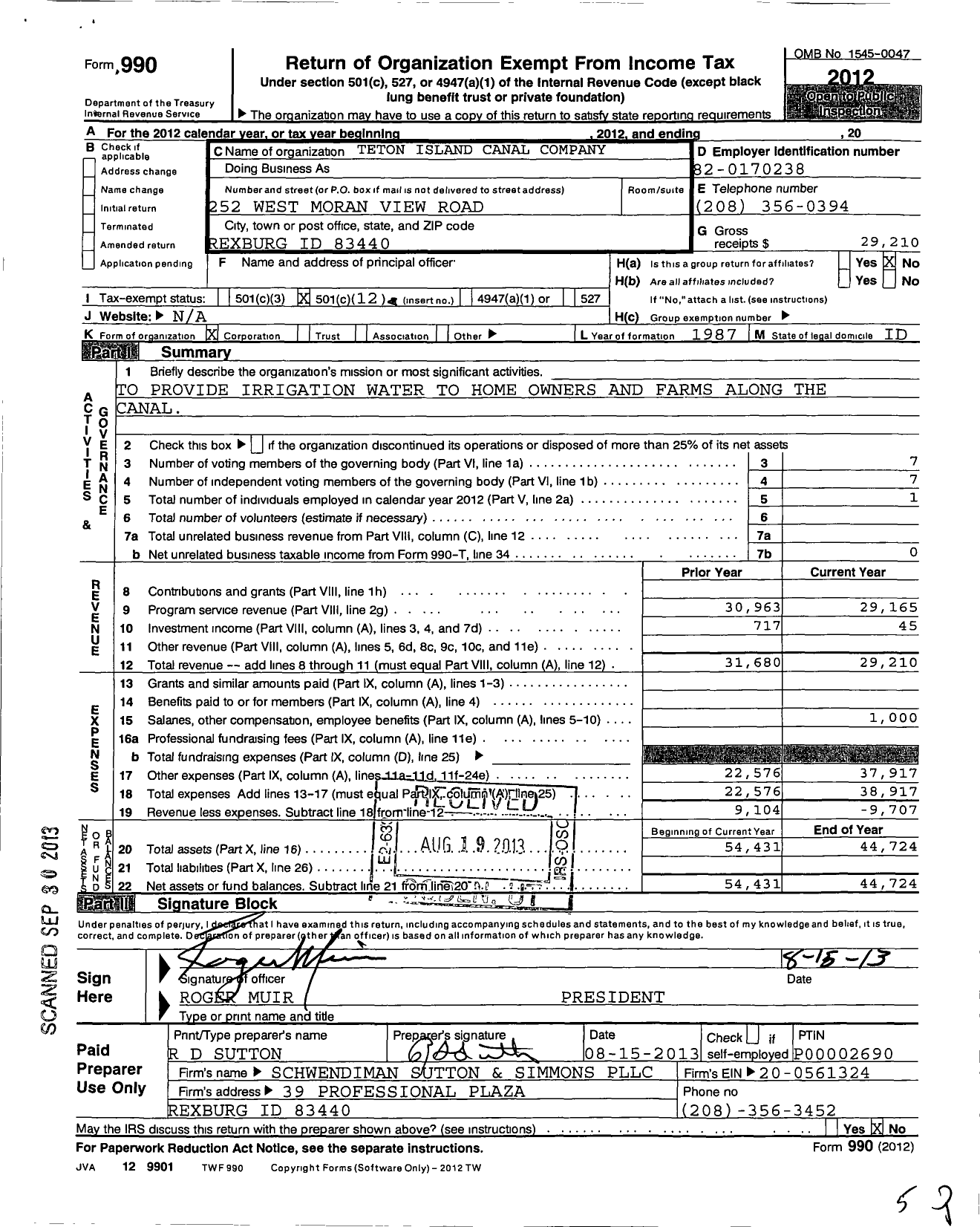 Image of first page of 2012 Form 990O for Teton Island Canal Company