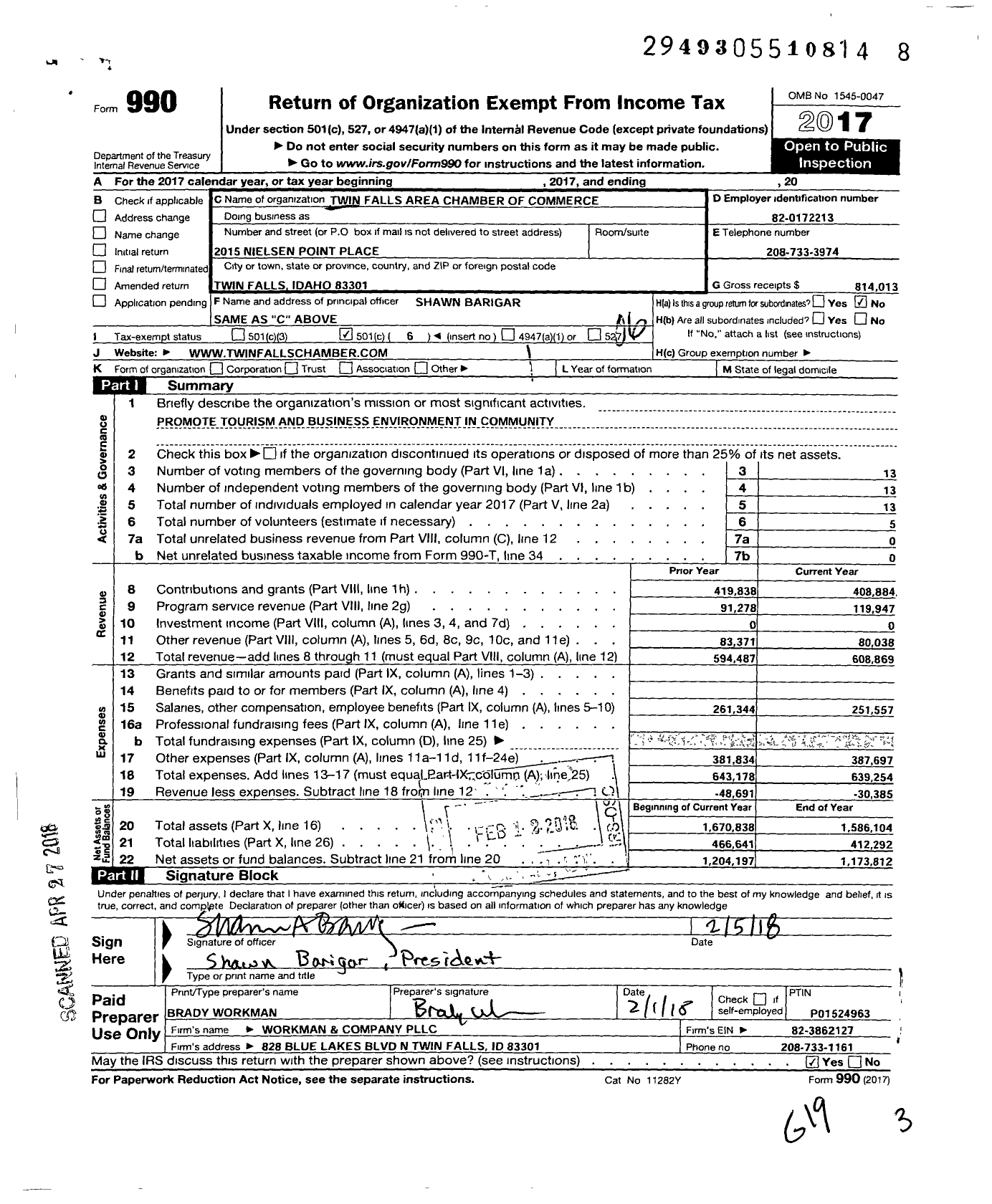 Image of first page of 2017 Form 990O for Twin Falls Area Chamber of Commerce