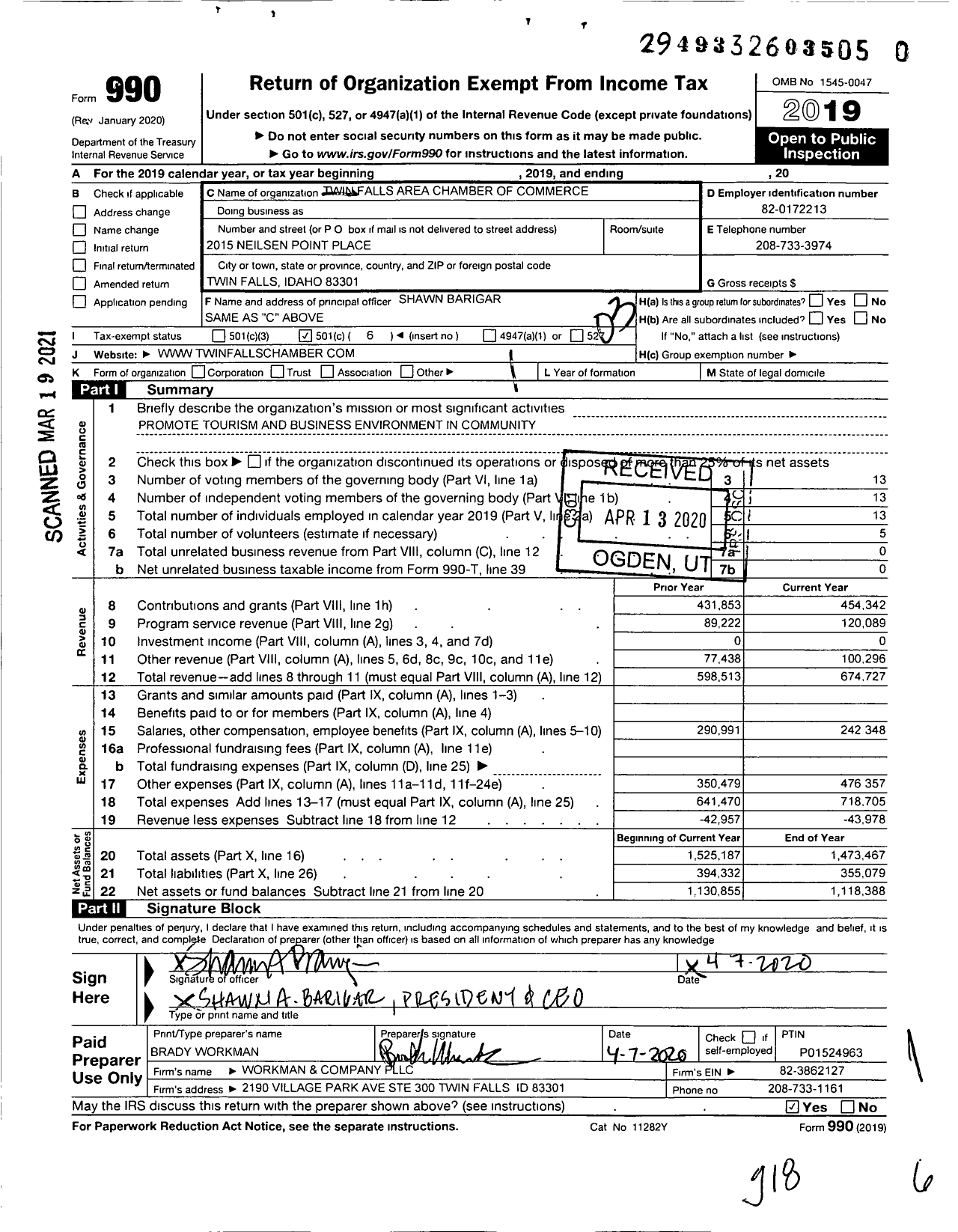 Image of first page of 2019 Form 990 for Twin Falls Area Chamber of Commerce