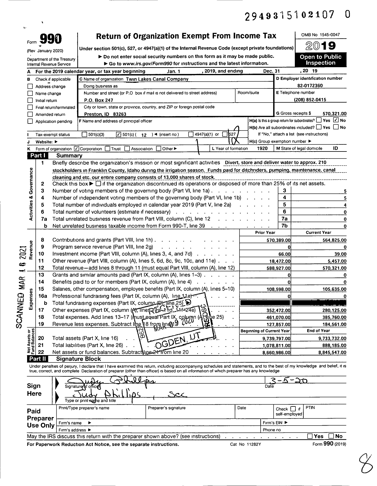 Image of first page of 2019 Form 990O for Twin Lakes Canal Company