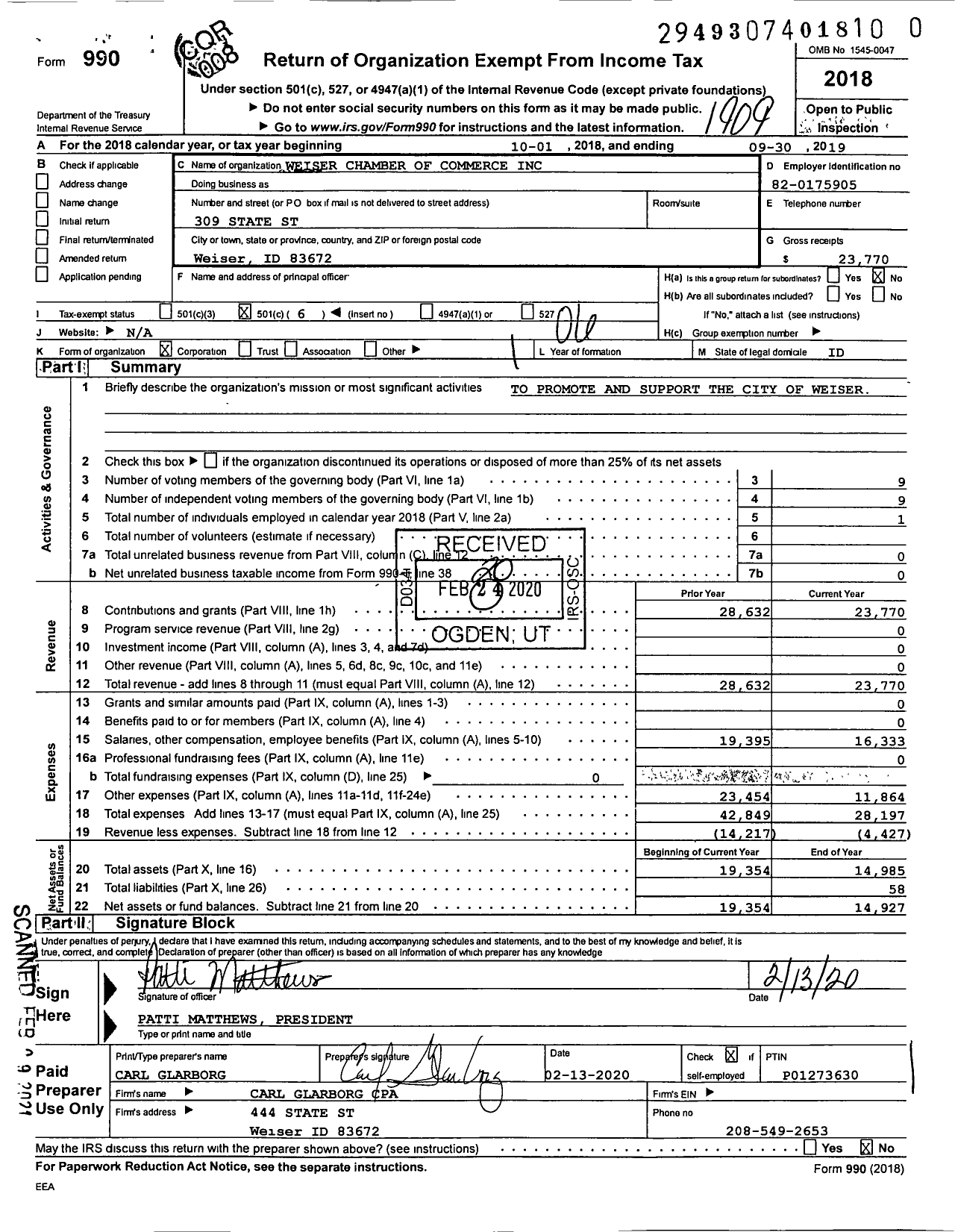 Image of first page of 2018 Form 990O for Weiser Chamber of Commerce