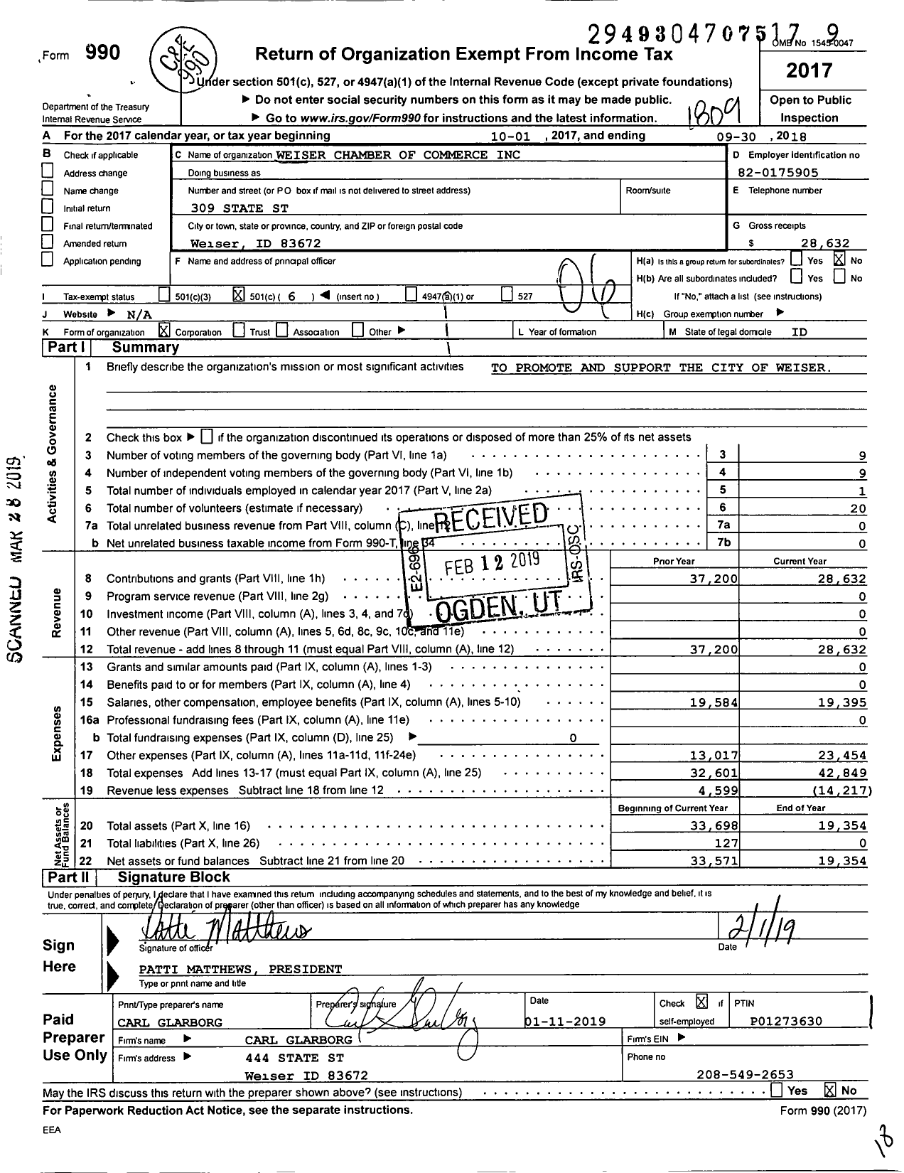 Image of first page of 2017 Form 990O for Weiser Chamber of Commerce