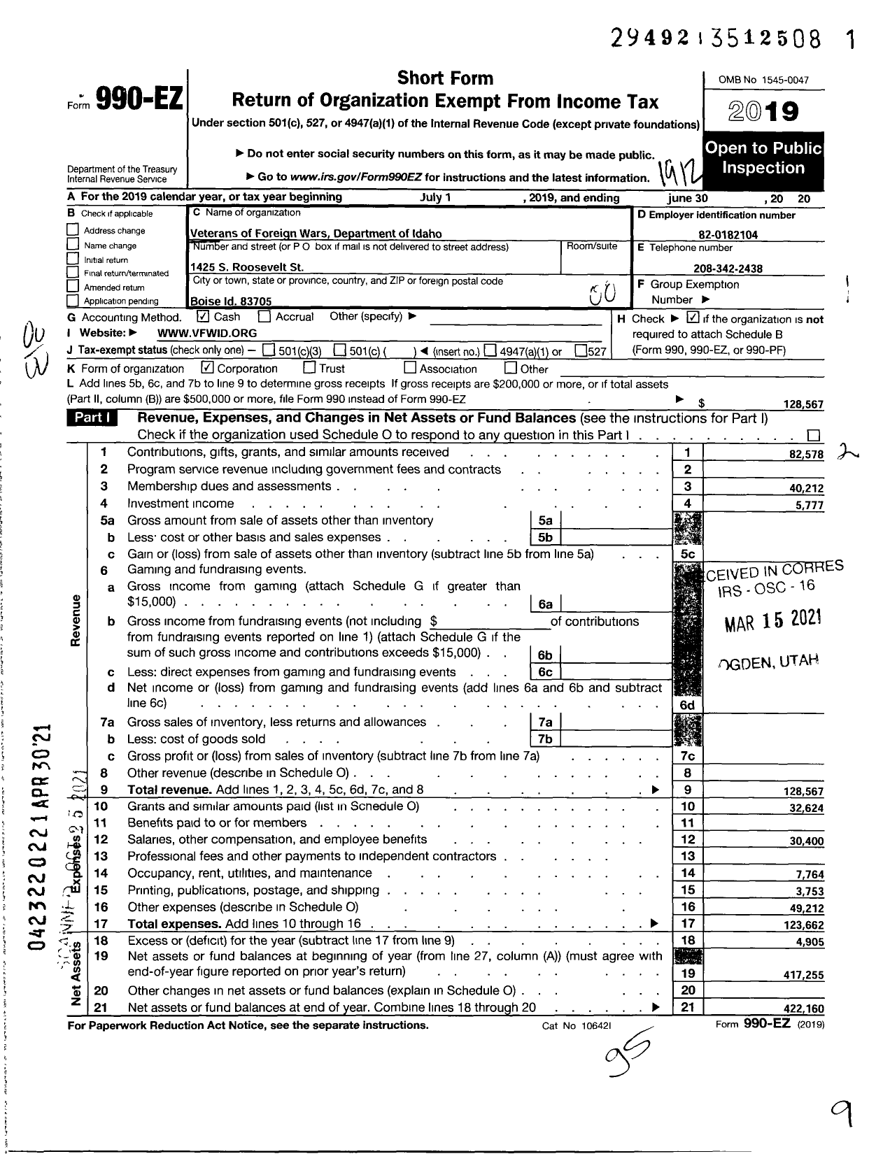 Image of first page of 2019 Form 990EO for Veterans of Foreign Wars Idaho