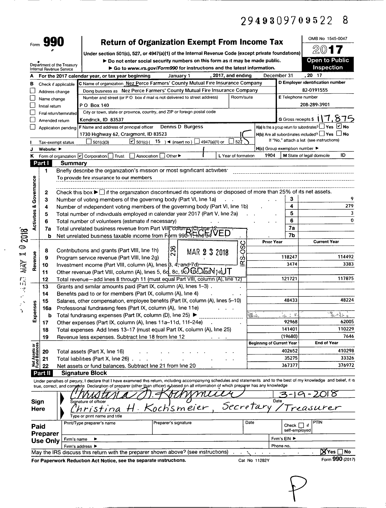 Image of first page of 2017 Form 990O for Nez Perce Farmers County Mutual Fire Insurance Company