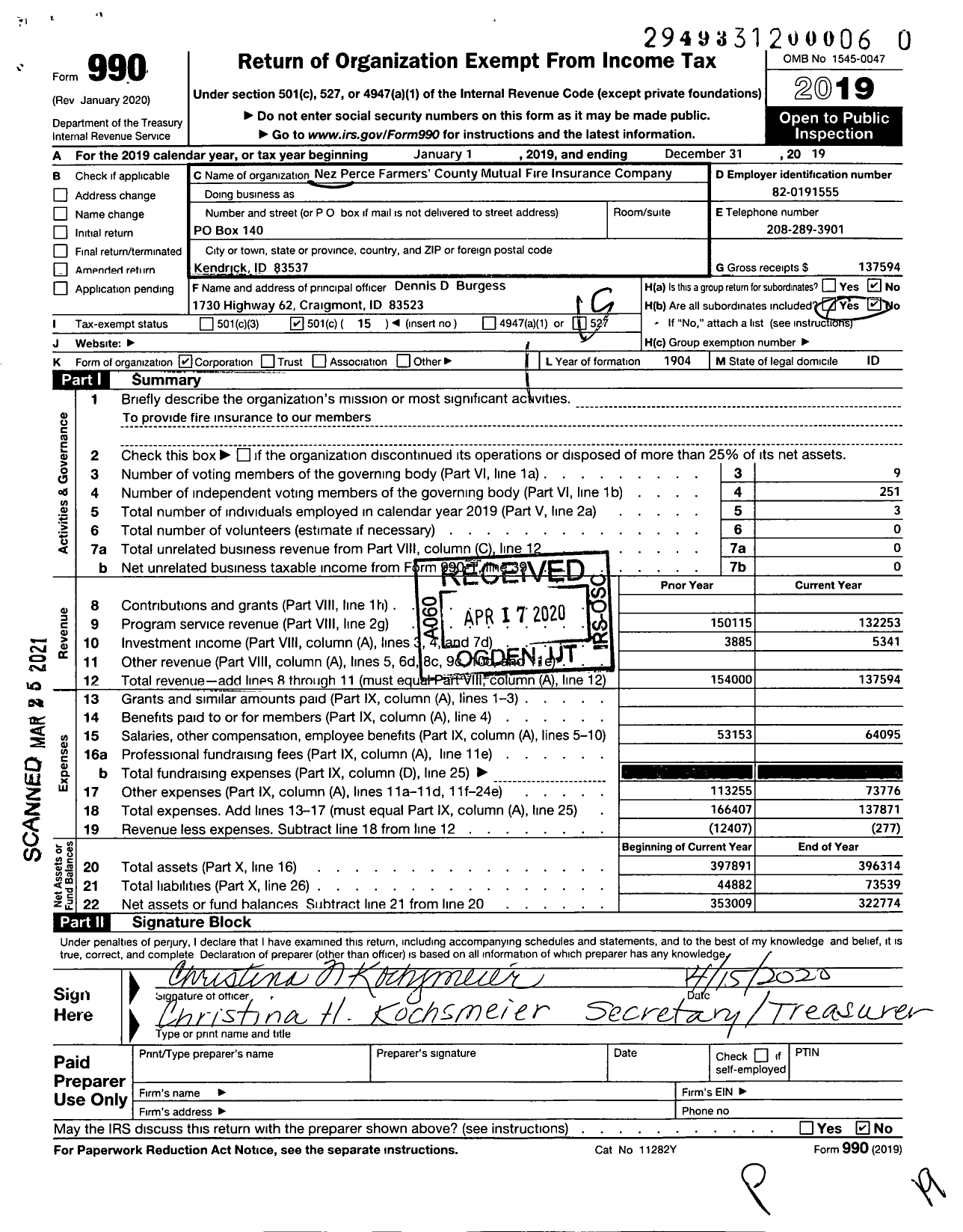 Image of first page of 2019 Form 990O for Nez Perce Farmers County Mutual Fire Insurance Company