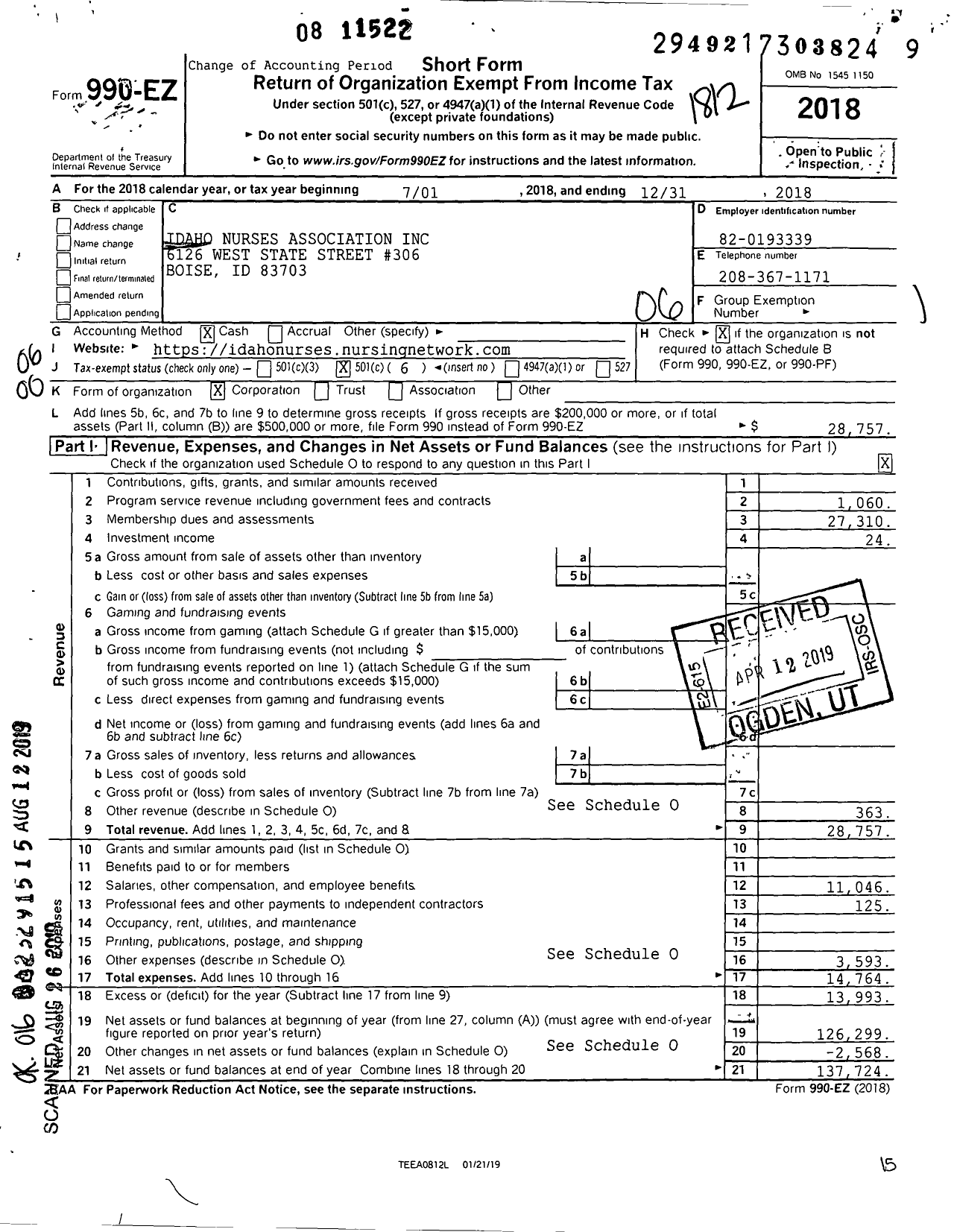 Image of first page of 2018 Form 990EO for American Nurses Association Idaho