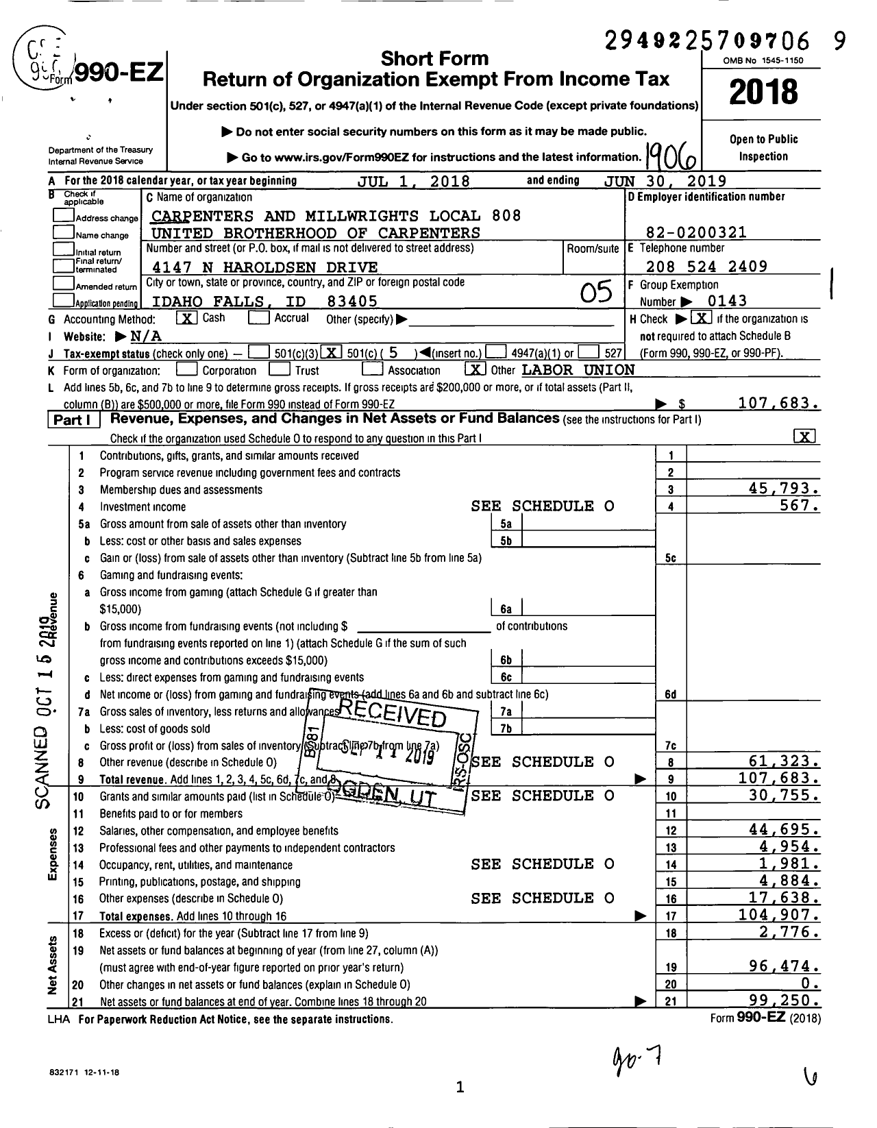 Image of first page of 2018 Form 990EO for United Brotherhood of Carpenters & Joiners - 808 BCJ