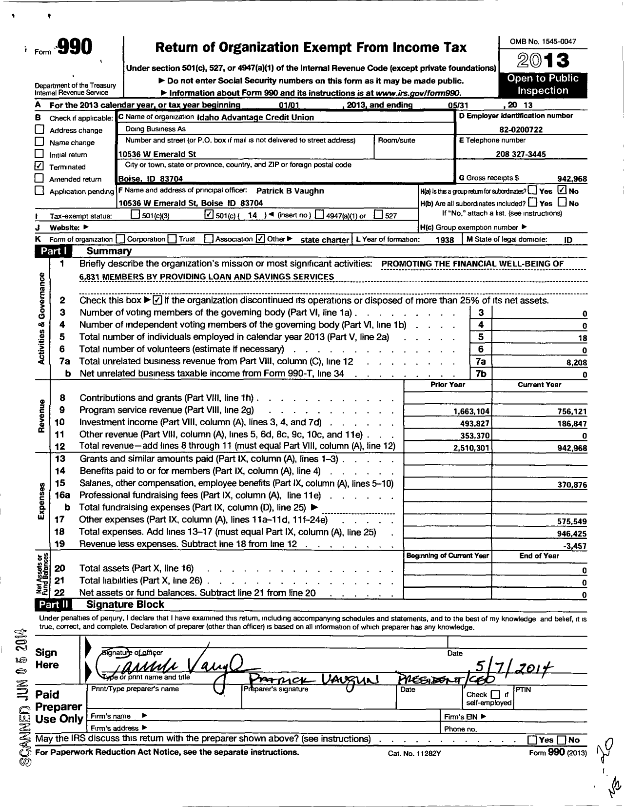 Image of first page of 2012 Form 990O for Idaho Advantage Credit Union