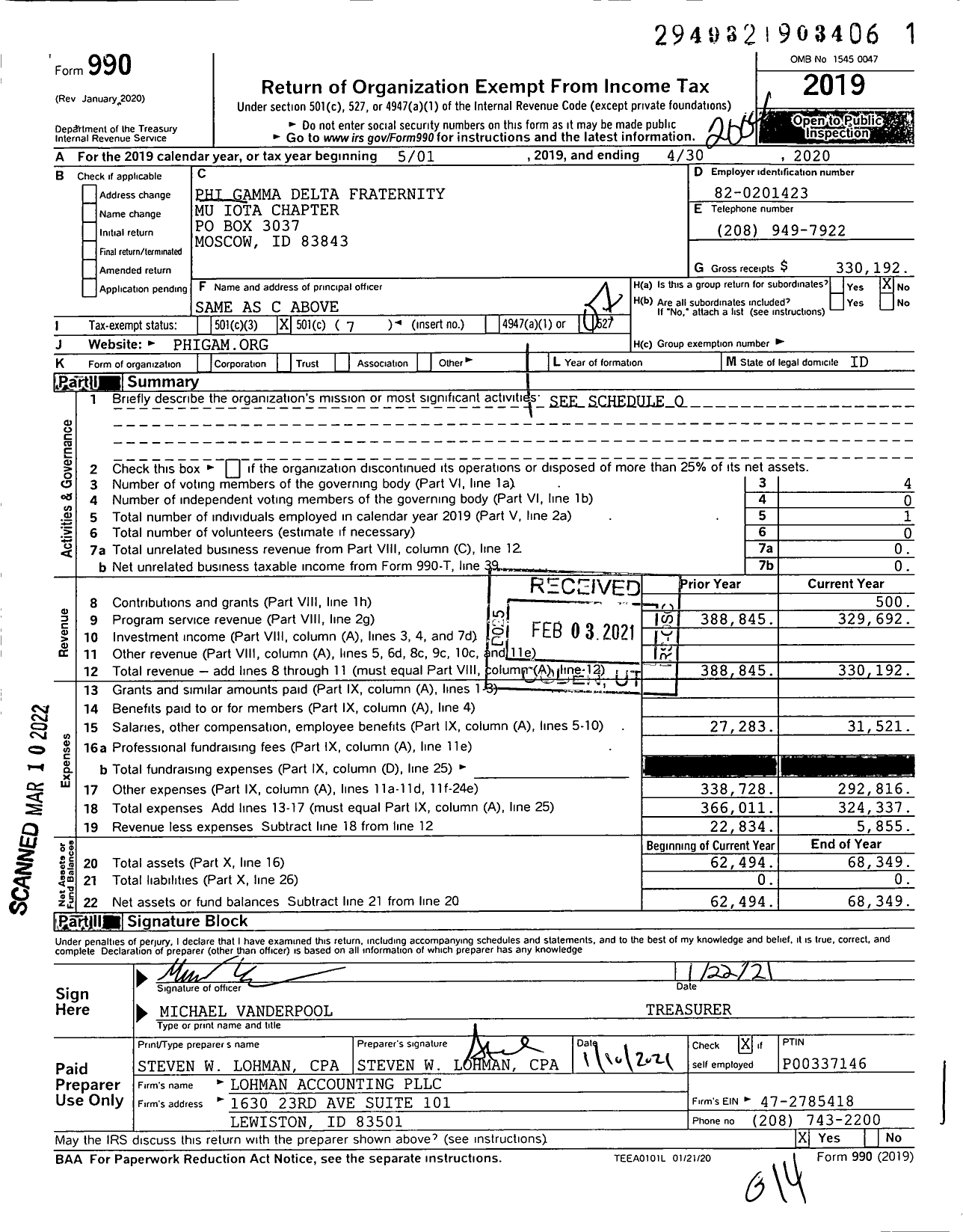 Image of first page of 2019 Form 990O for Phi Gamma Delta Fraternity - Mu Iota Chapter