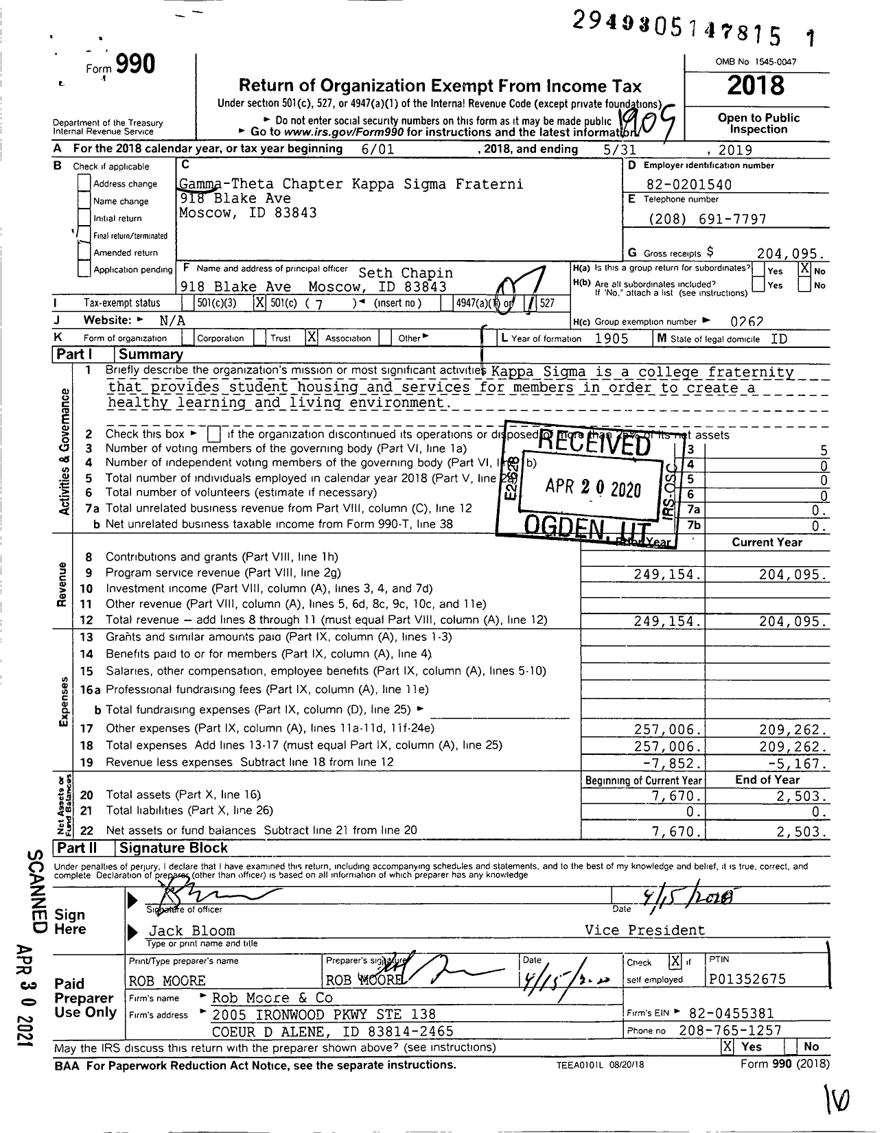 Image of first page of 2018 Form 990O for Kappa Sigma Fraternity - Gamma Theta Chapter Kappa Sigma Fraternity