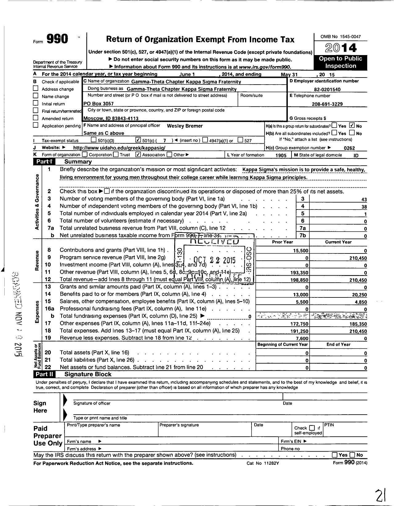 Image of first page of 2014 Form 990O for Kappa Sigma Fraternity - Gamma Theta Chapter Kappa Sigma Fraternity