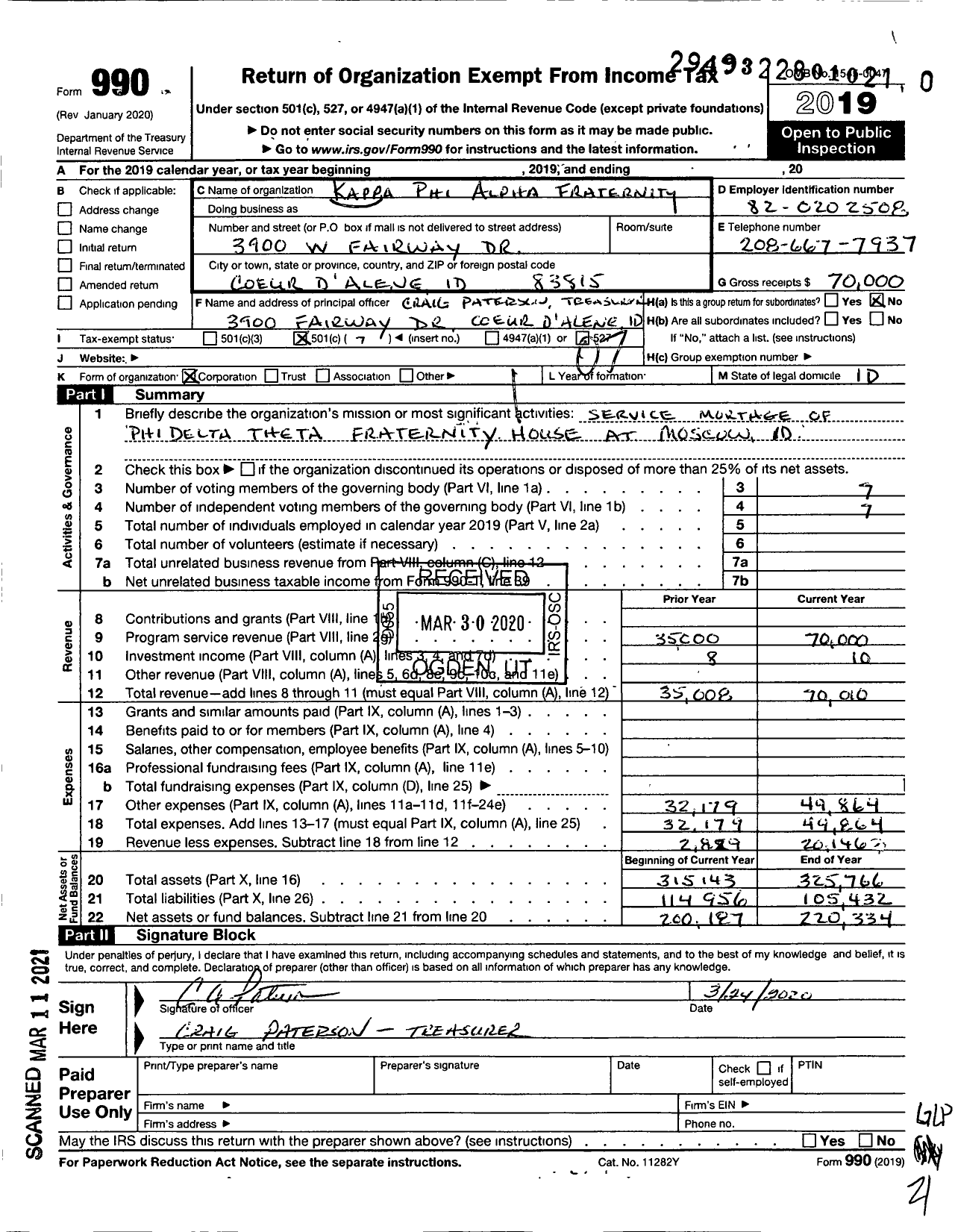 Image of first page of 2019 Form 990O for Kappa Phi Alpha Fraternity