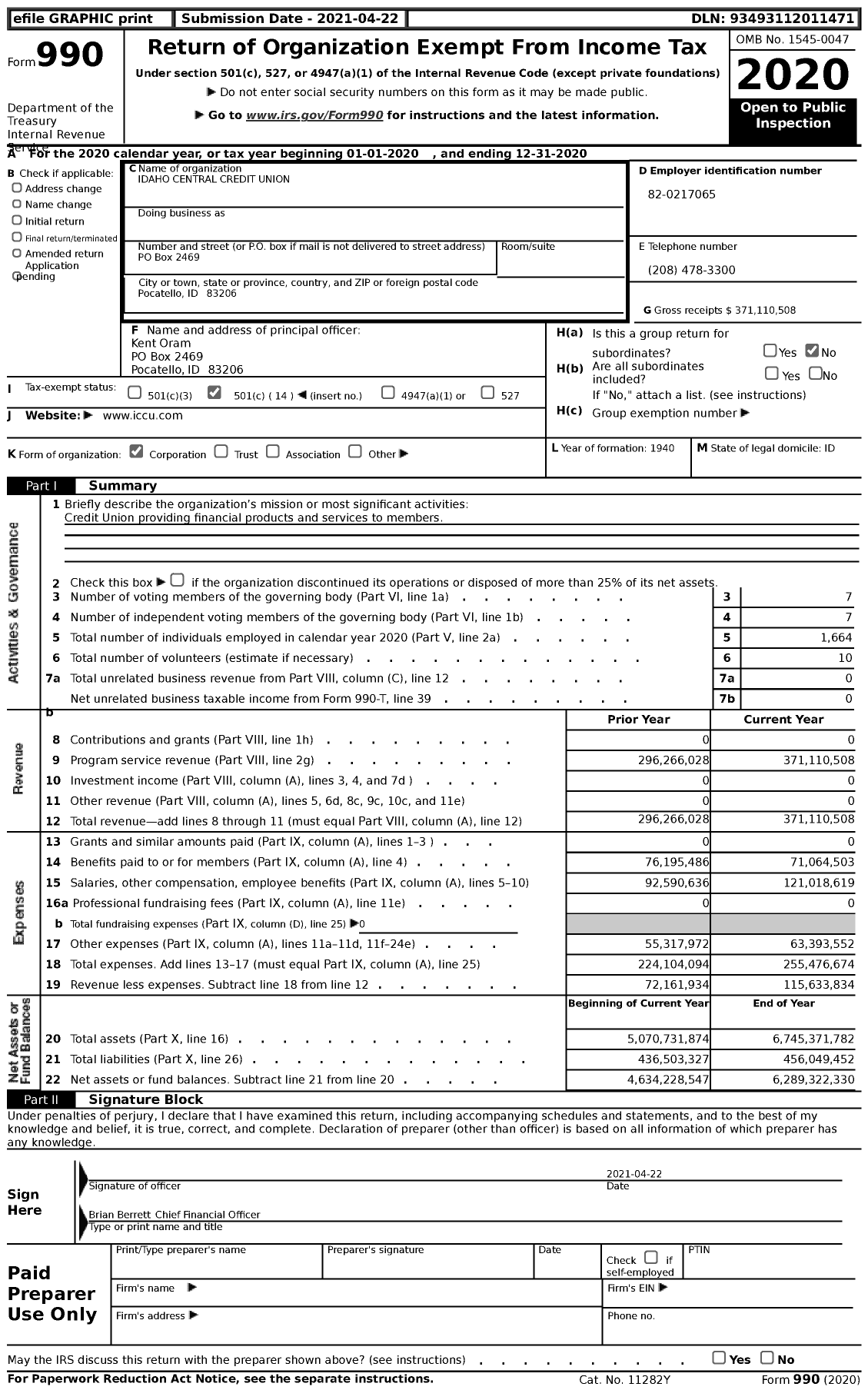 Image of first page of 2020 Form 990 for Idaho Central Credit Union
