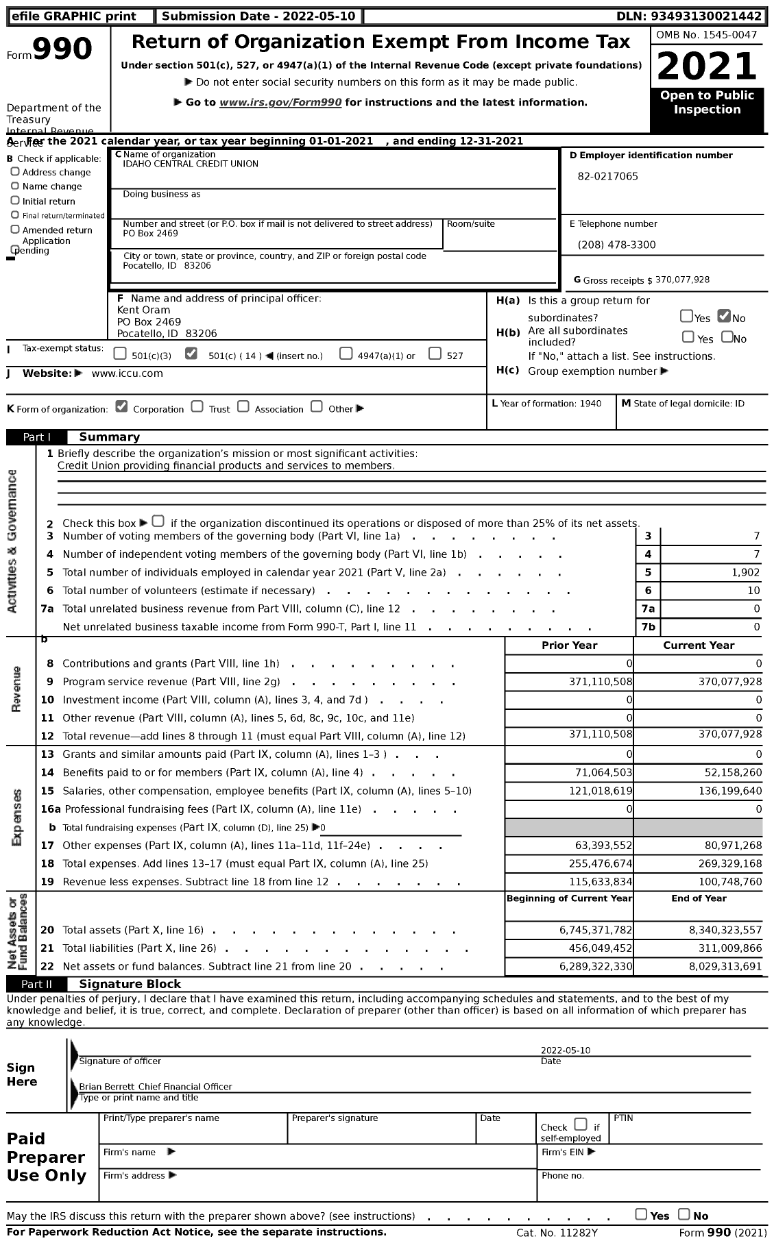 Image of first page of 2021 Form 990 for Idaho Central Credit Union