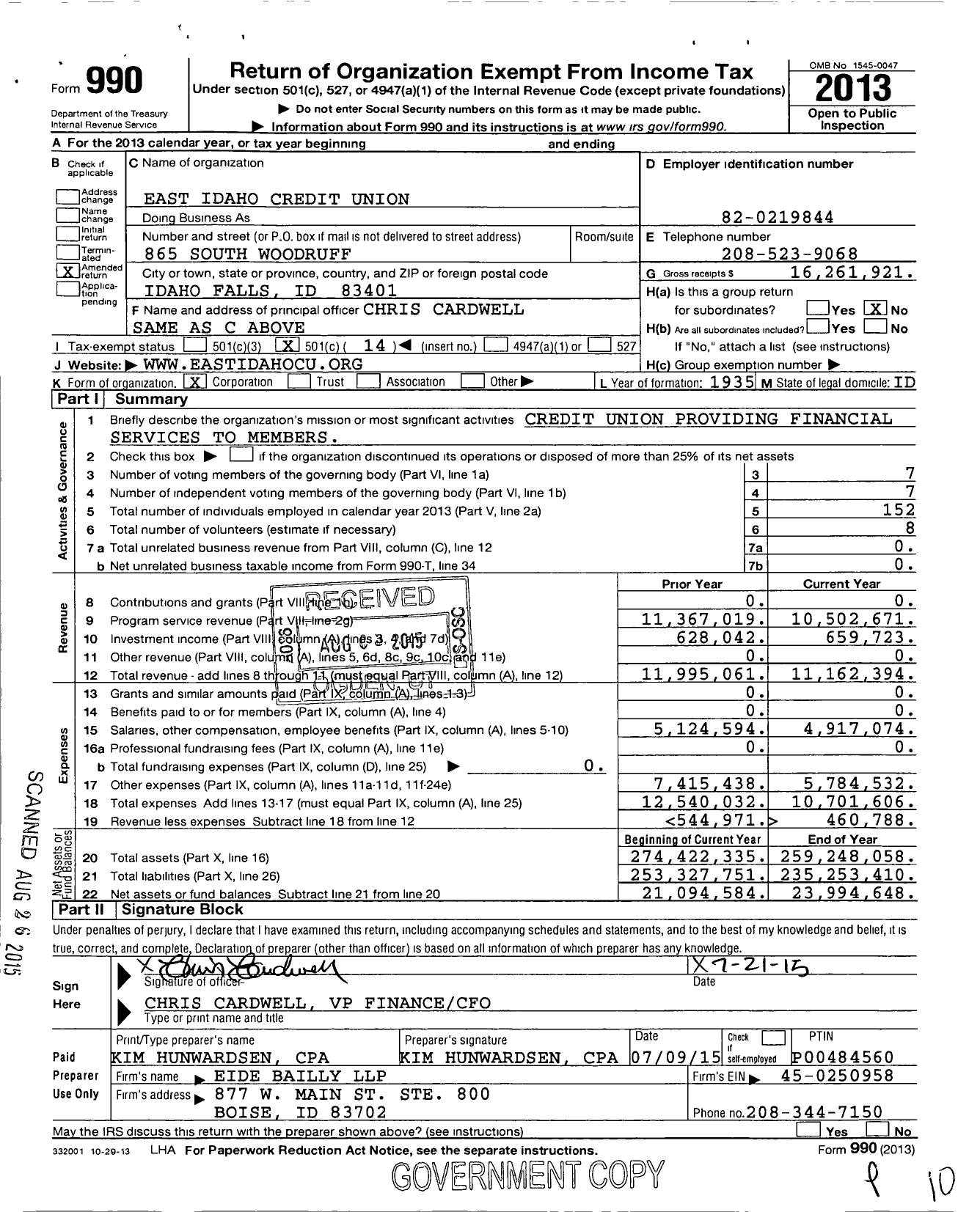 Image of first page of 2013 Form 990O for Frontier Credit Union