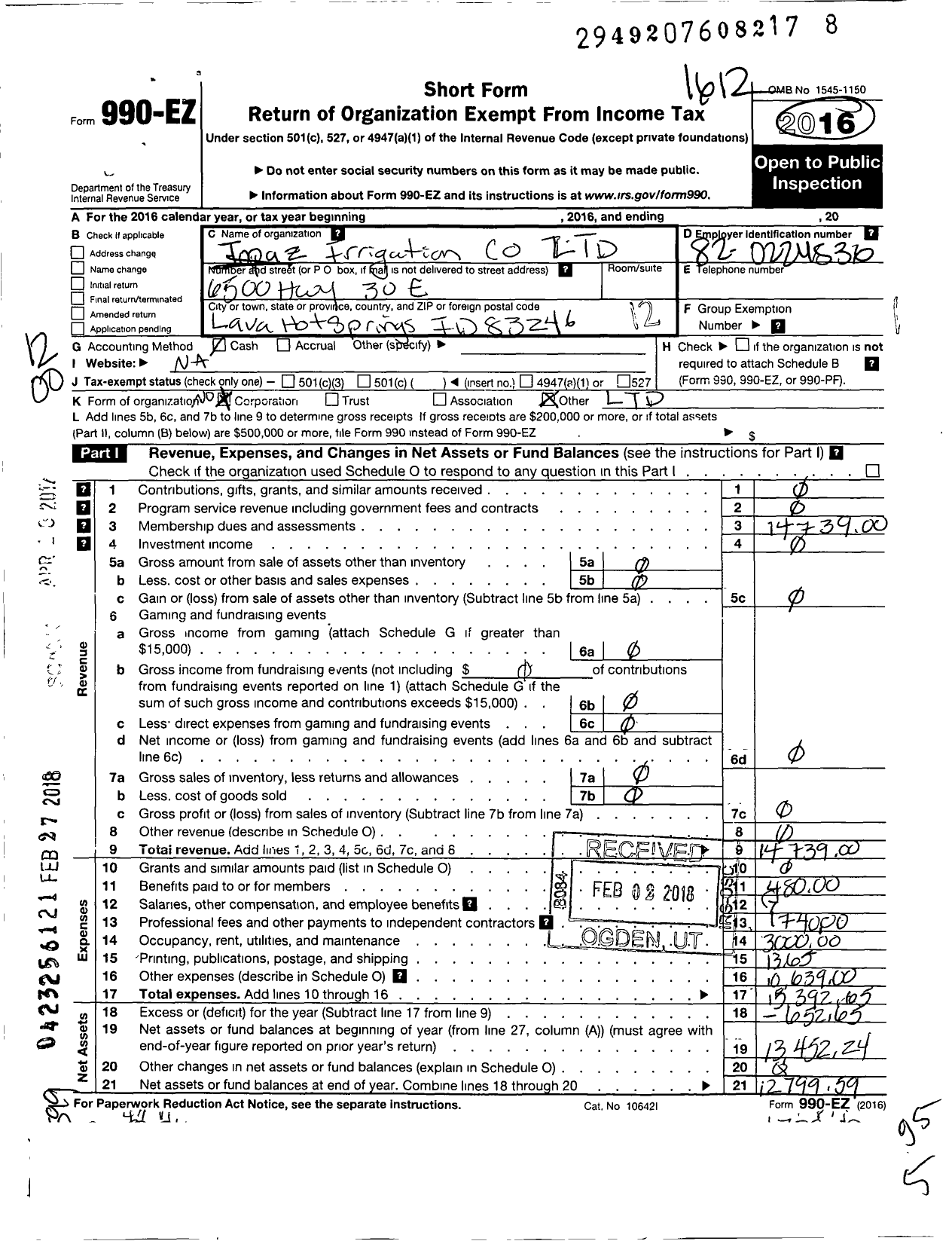 Image of first page of 2016 Form 990EO for Topaz Irrigating