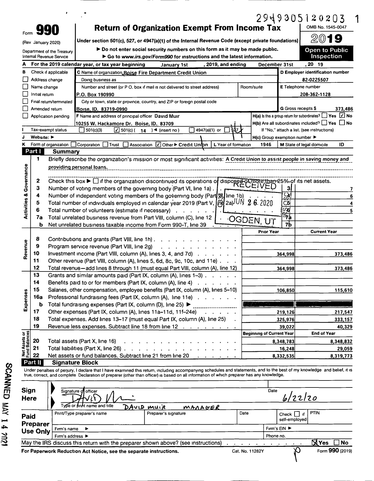 Image of first page of 2019 Form 990O for Boise Fire Department Credit Union