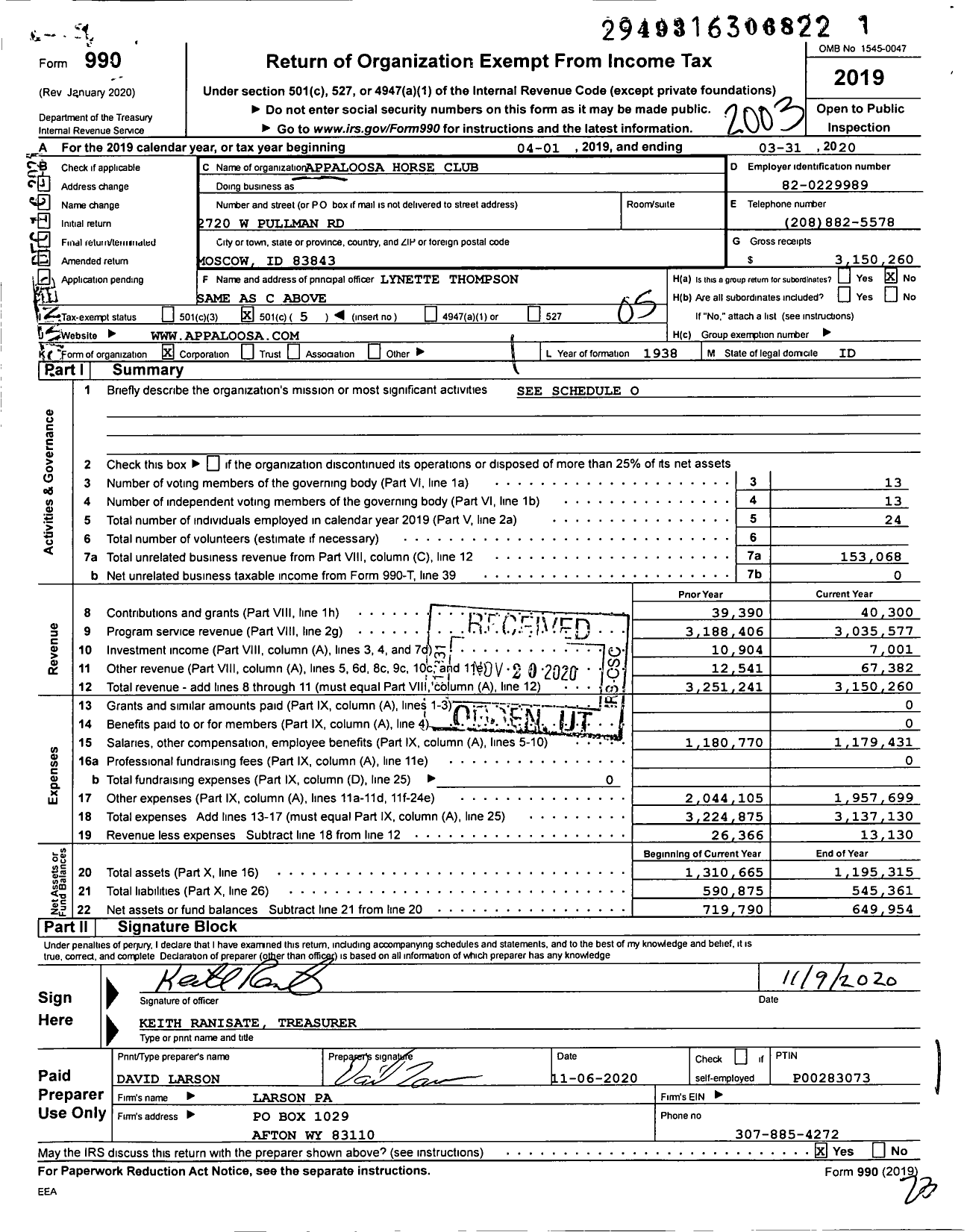 Image of first page of 2019 Form 990O for Appaloosa Horse Club