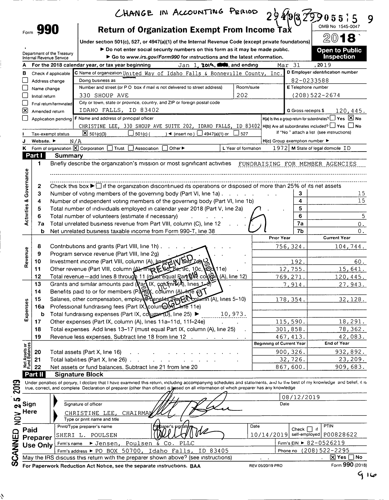 Image of first page of 2018 Form 990 for United Way of Idaho Falls and Bonneville