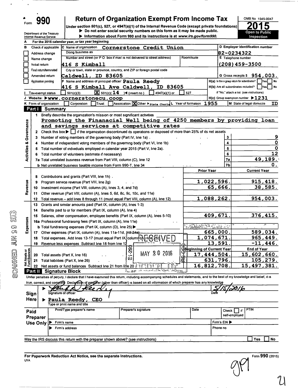 Image of first page of 2015 Form 990O for Cornerstone Credit Union