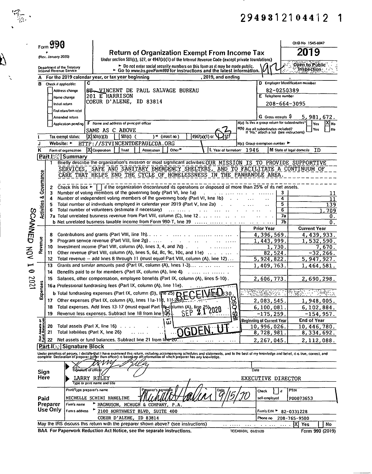 Image of first page of 2019 Form 990 for St Vincent de Paul North Idaho