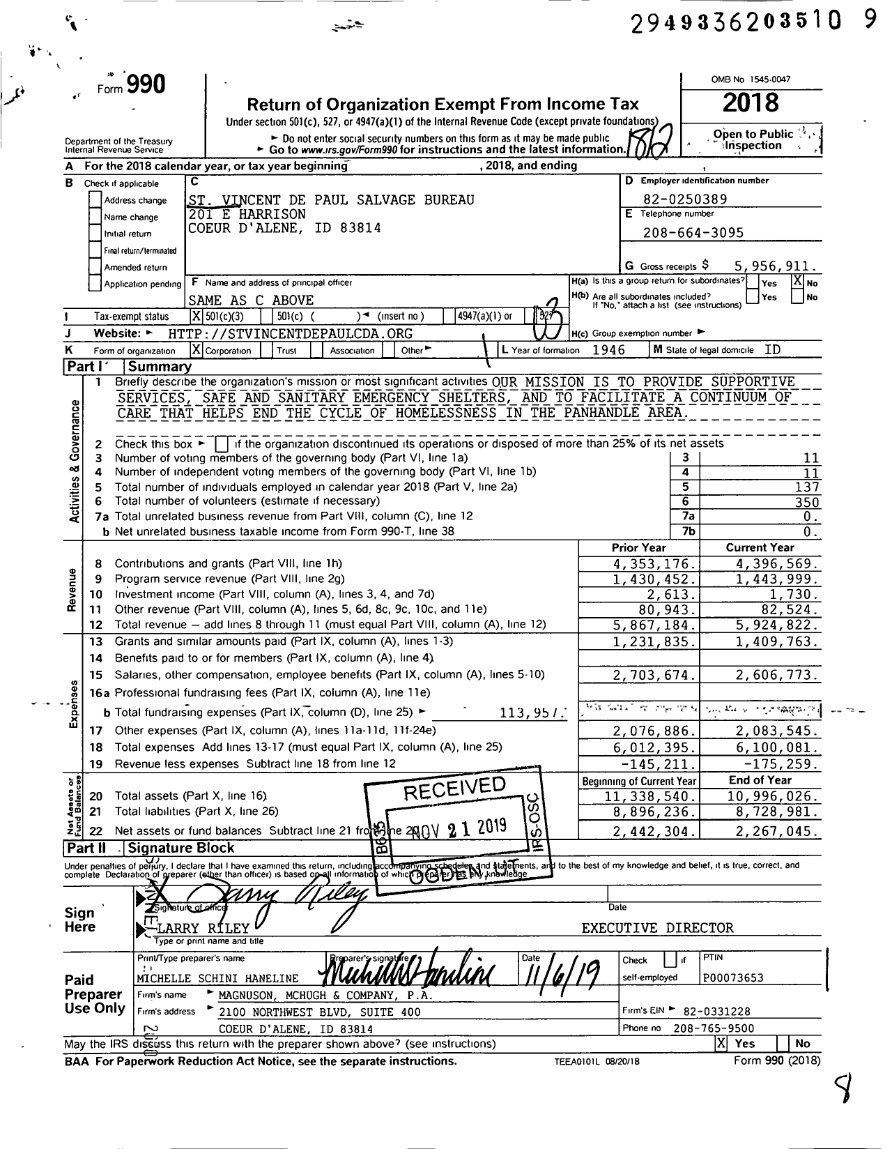 Image of first page of 2018 Form 990 for St Vincent de Paul North Idaho