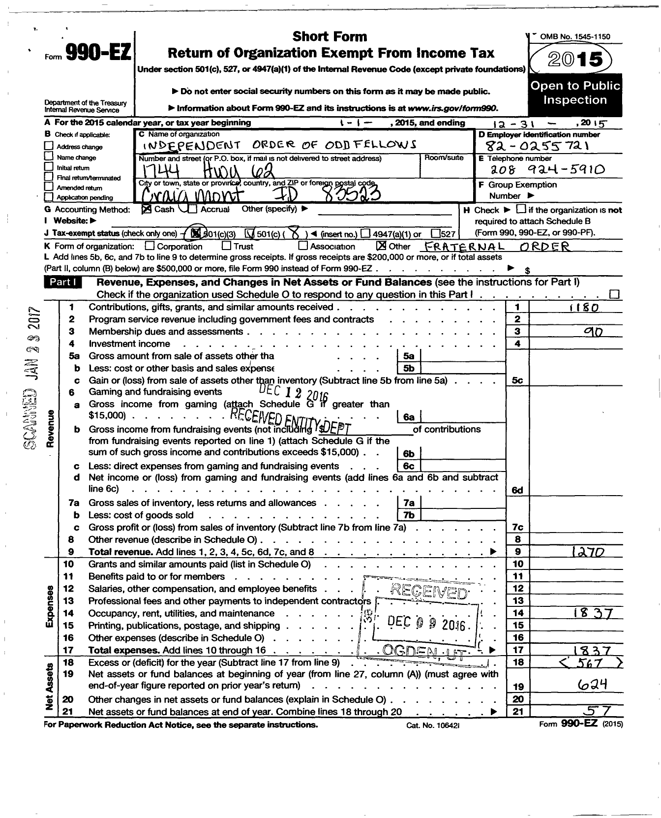 Image of first page of 2015 Form 990EO for Independent Order of Odd Fellows - 76 Craigmont Lodge