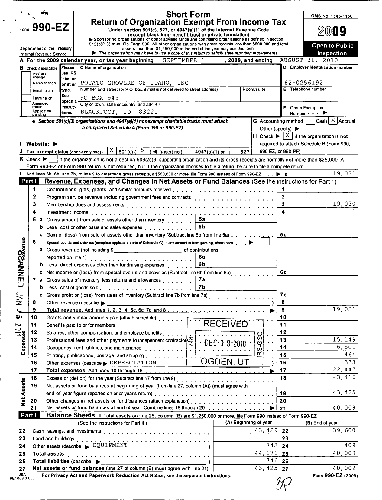 Image of first page of 2009 Form 990EO for Idaho Potato Growers Association