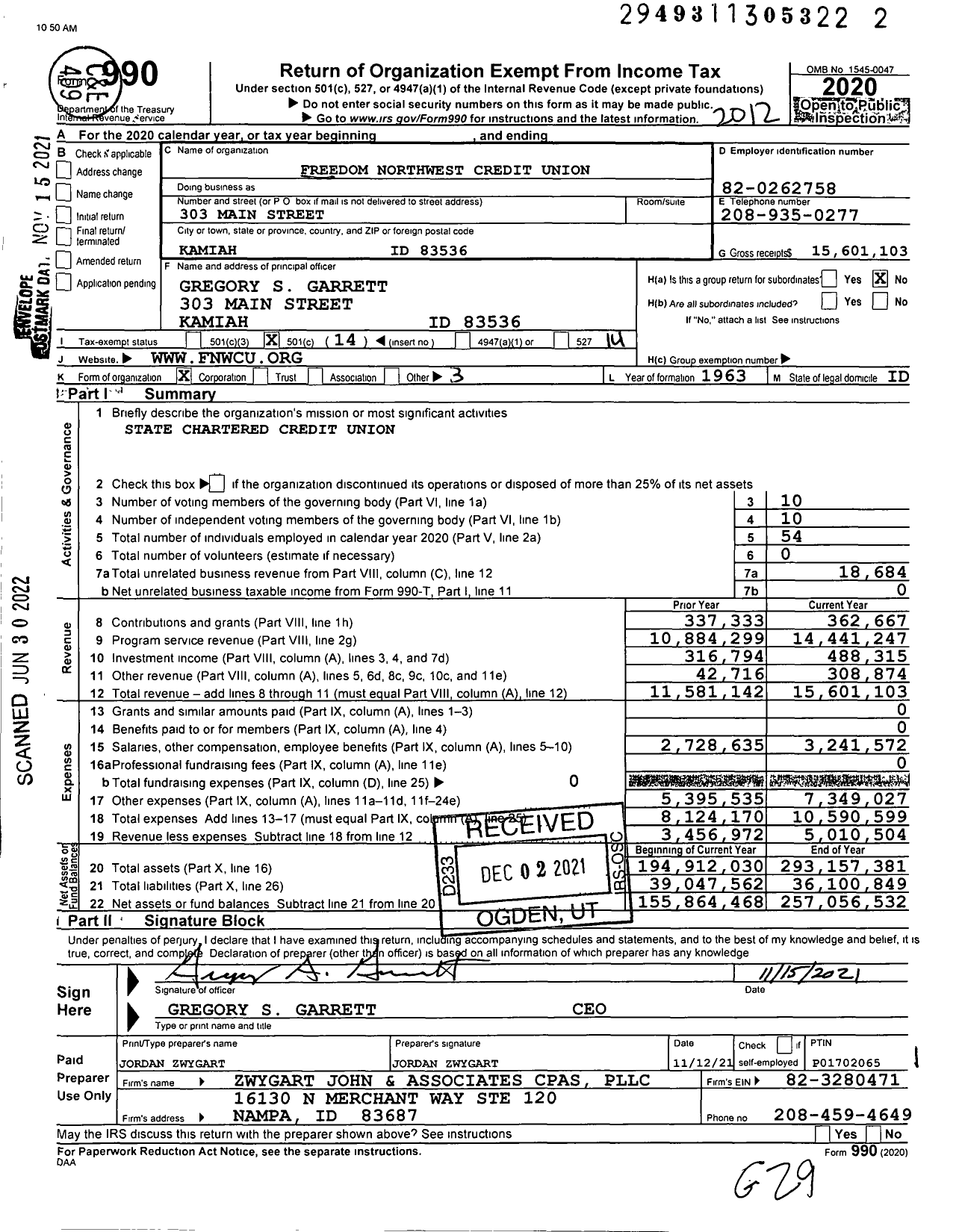 Image of first page of 2020 Form 990O for Freedom Northwest Credit Union