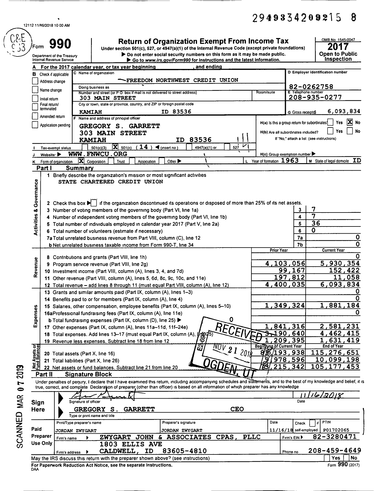 Image of first page of 2017 Form 990O for Freedom Northwest Credit Union