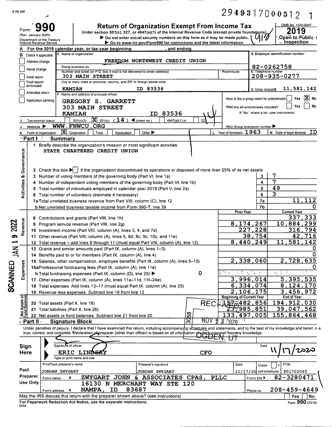 Image of first page of 2019 Form 990O for Freedom Northwest Credit Union