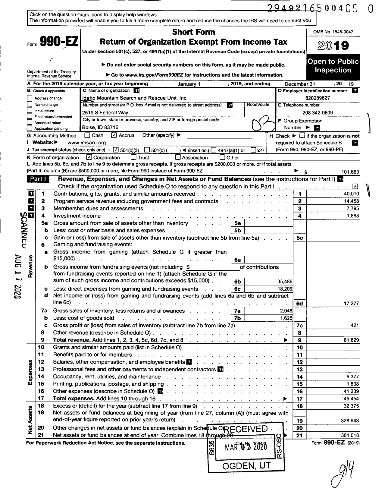 Image of first page of 2019 Form 990EZ for Idaho Mountain Search and Rescue Unit