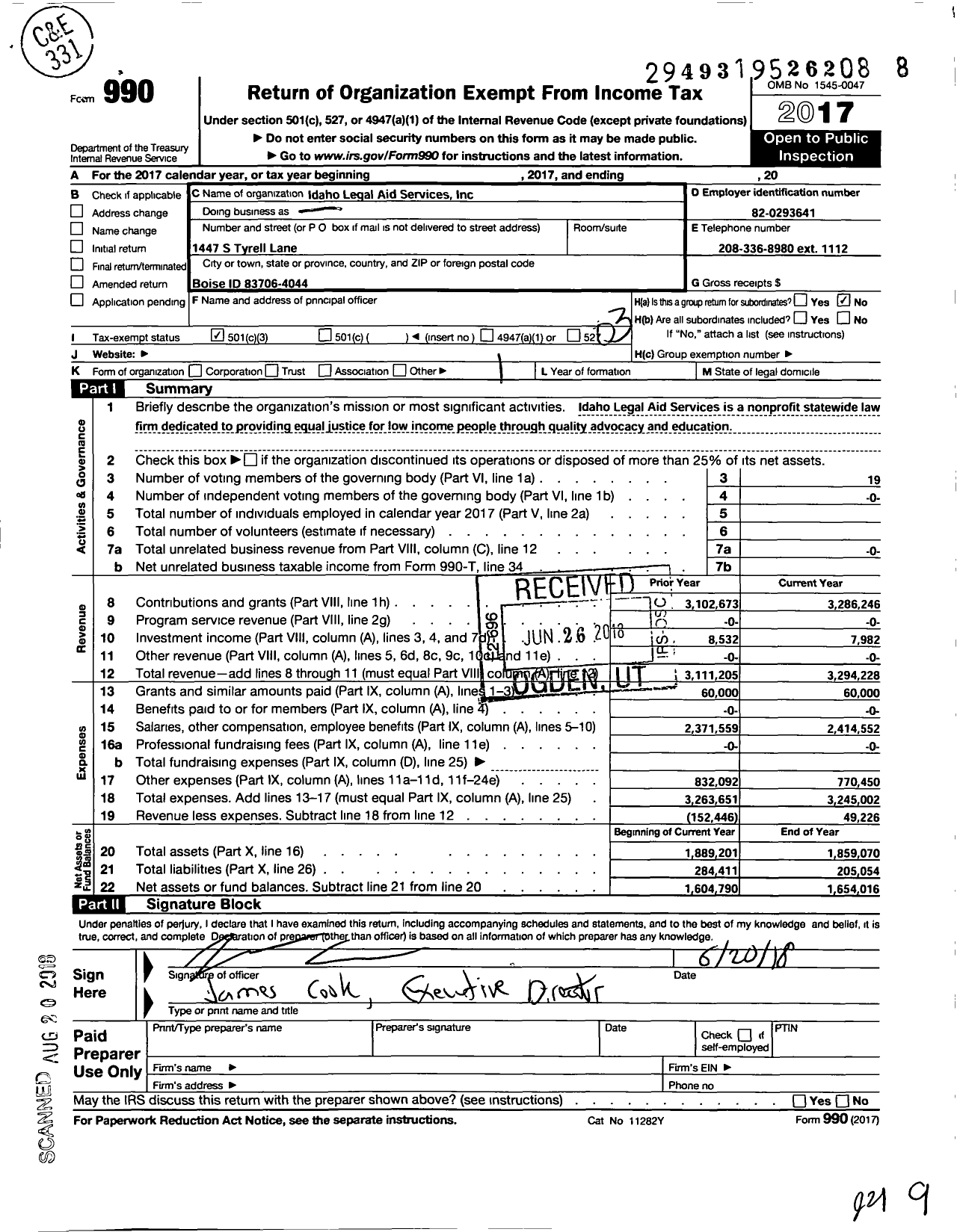 Image of first page of 2017 Form 990 for Idaho Legal Aid Services