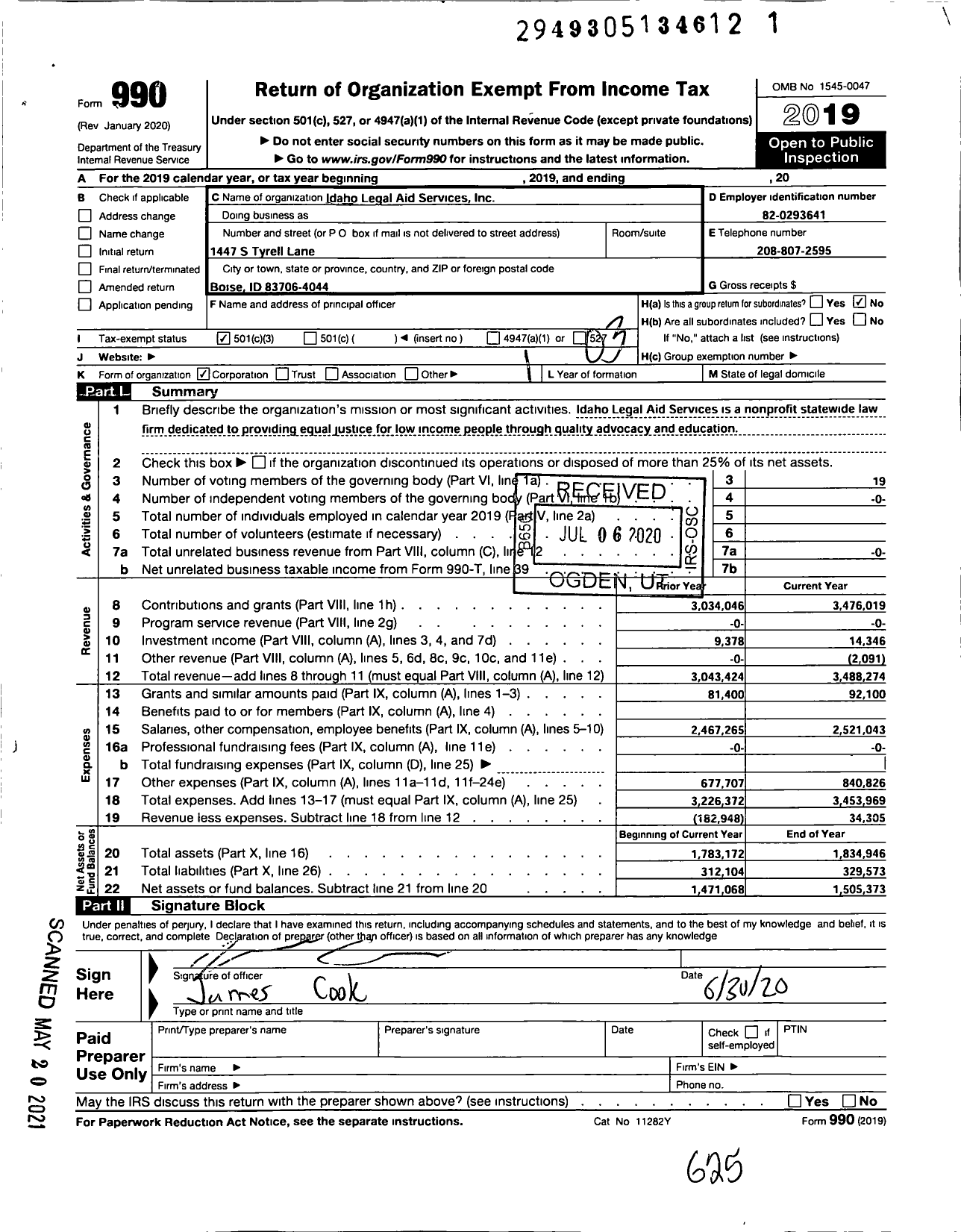 Image of first page of 2019 Form 990 for Idaho Legal Aid Services