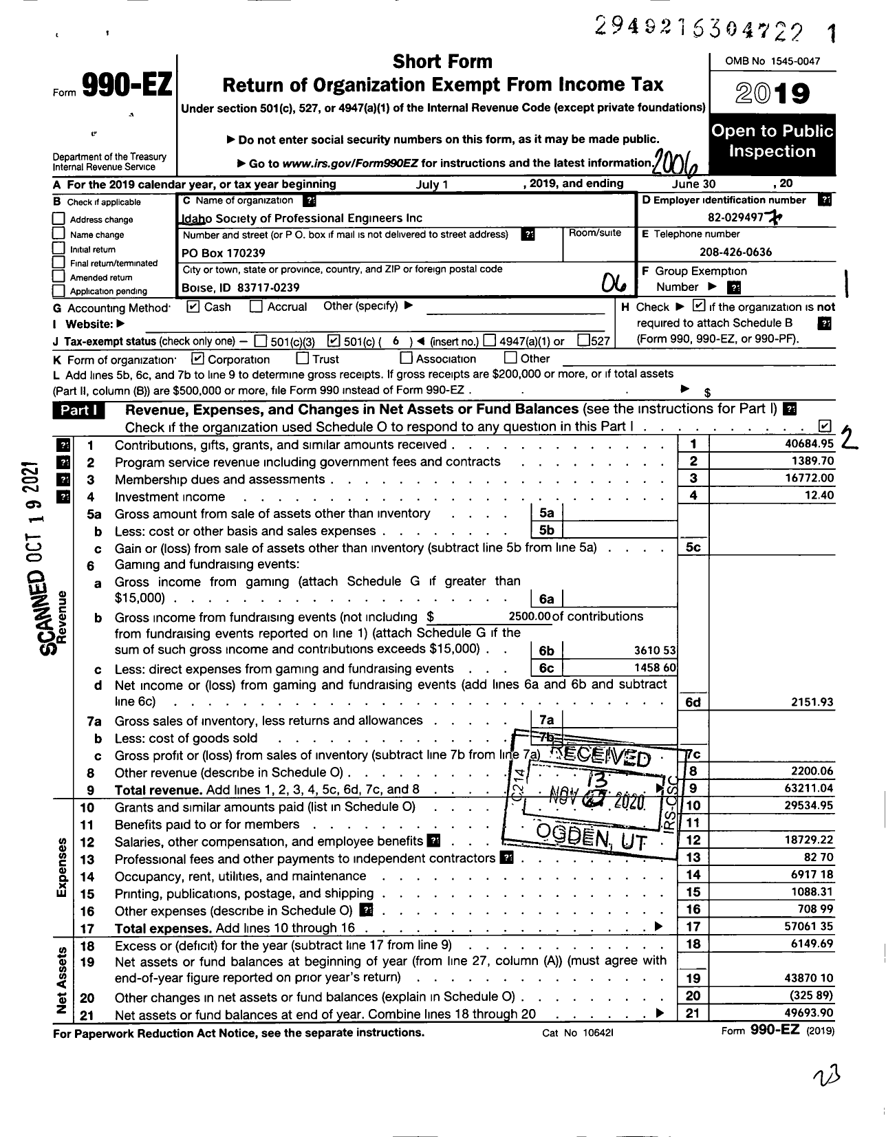 Image of first page of 2019 Form 990EO for Idaho Society of Professional Engineers