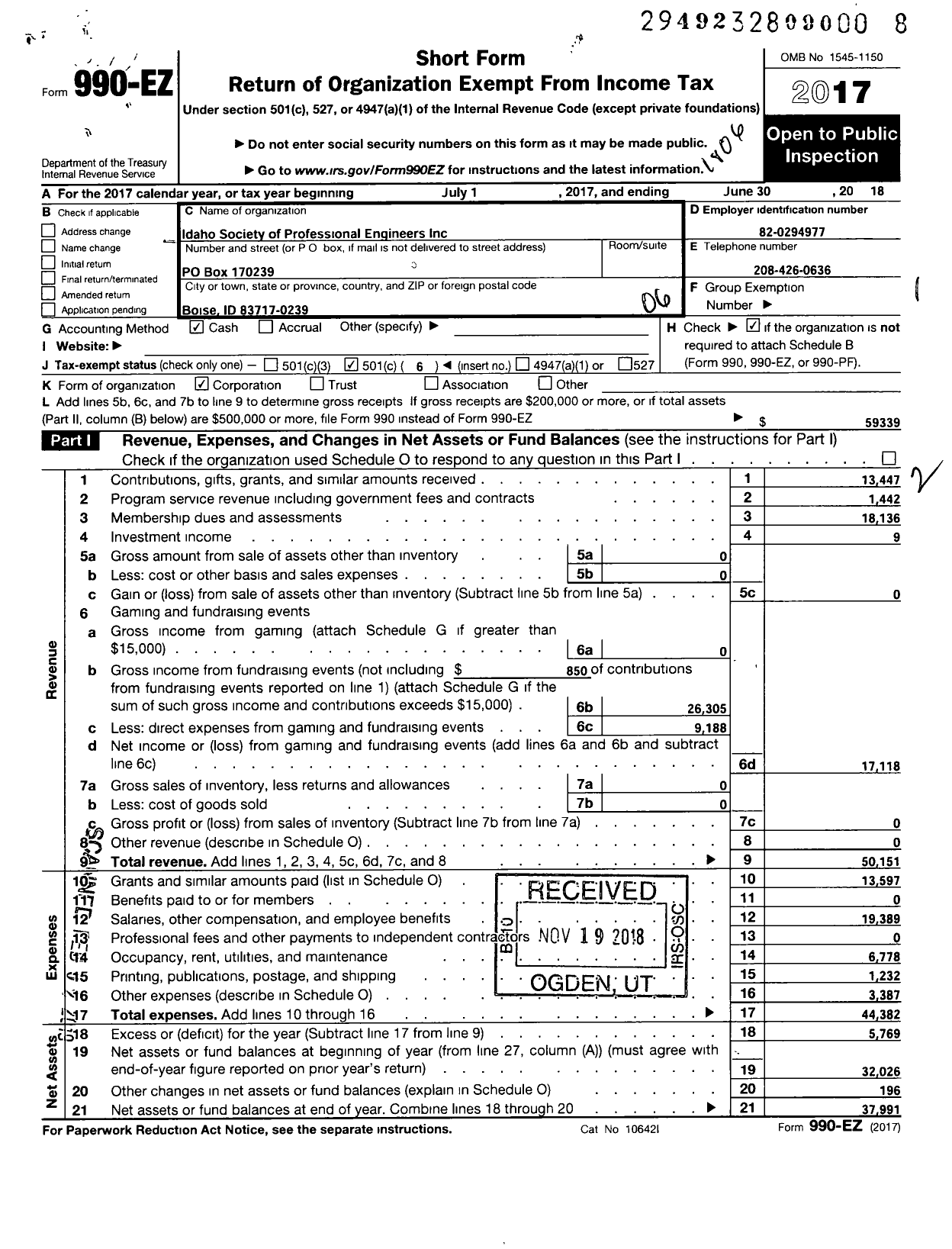 Image of first page of 2017 Form 990EO for Idaho Society of Professional Engineers