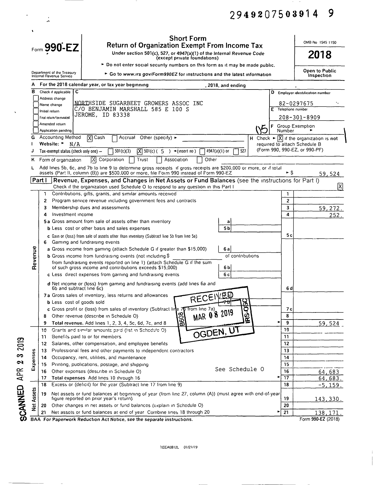 Image of first page of 2018 Form 990EO for Northside Sugarbeet Growers Assoc