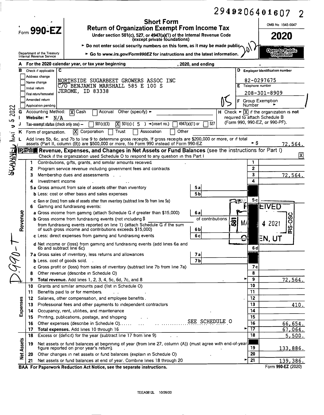 Image of first page of 2020 Form 990EO for Northside Sugarbeet Growers Assoc