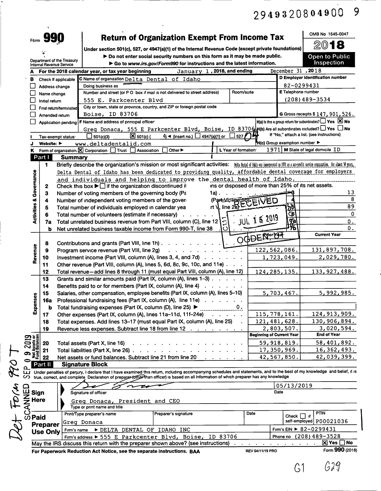 Image of first page of 2018 Form 990O for Delta Dental of Idaho