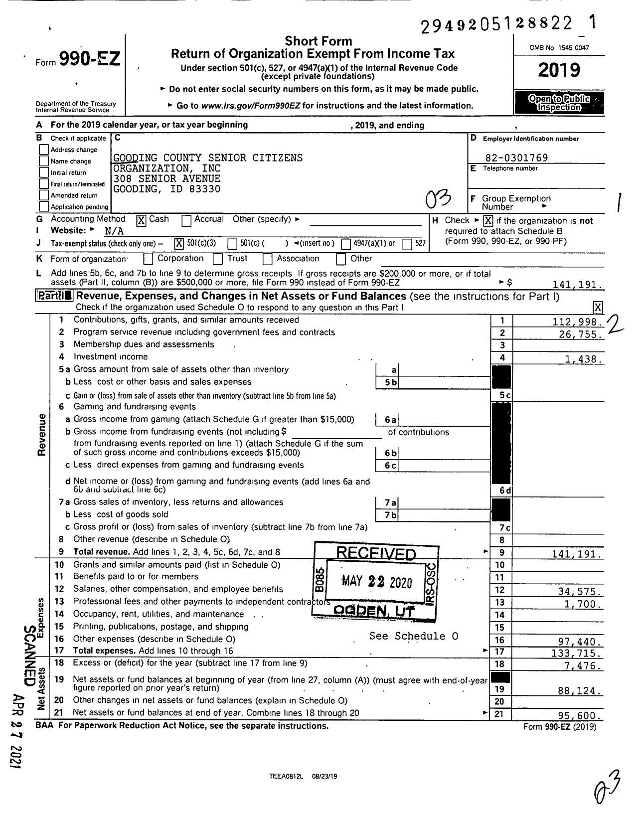 Image of first page of 2019 Form 990EZ for Gooding County Senior Citizens Organization