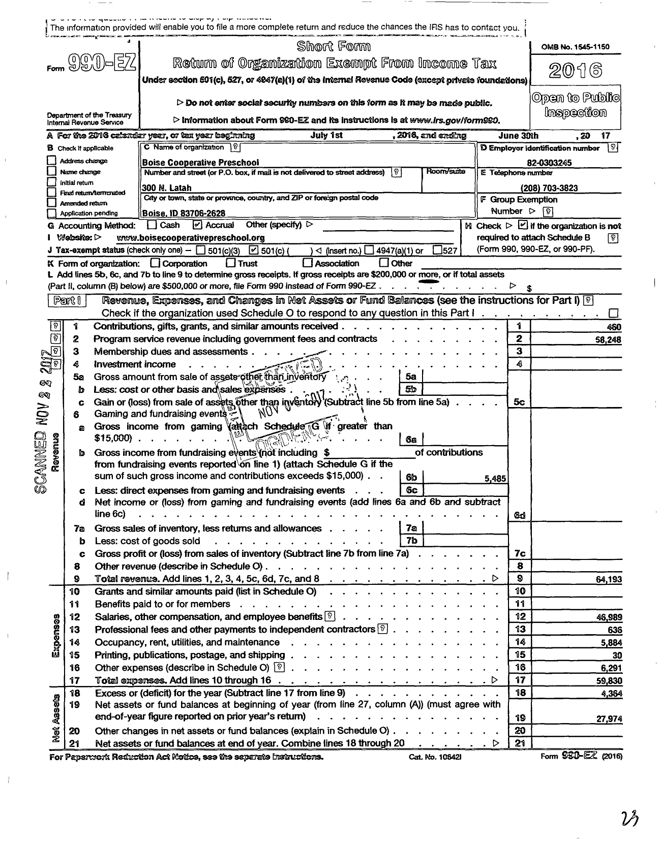 Image of first page of 2016 Form 990EO for Boise Cooperative Preschool