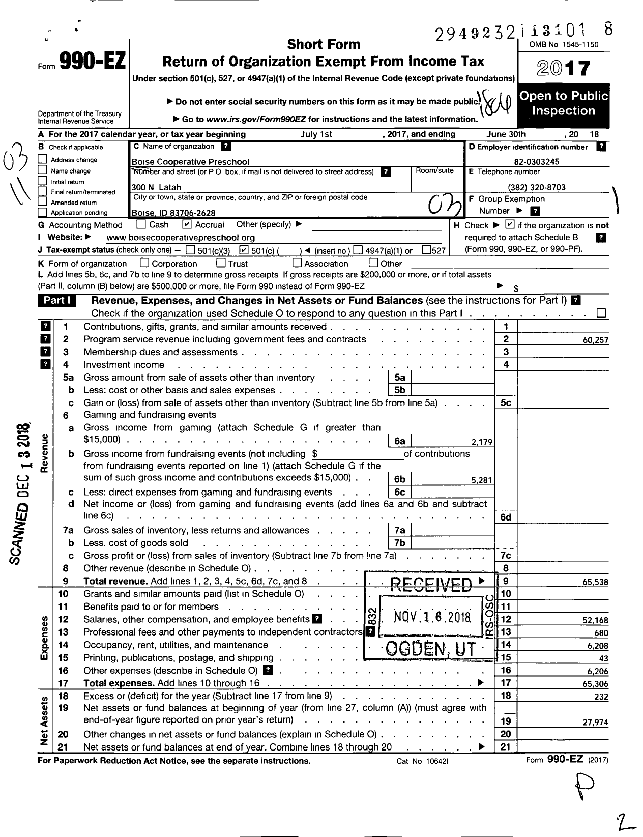 Image of first page of 2017 Form 990EZ for Boise Cooperative Preschool