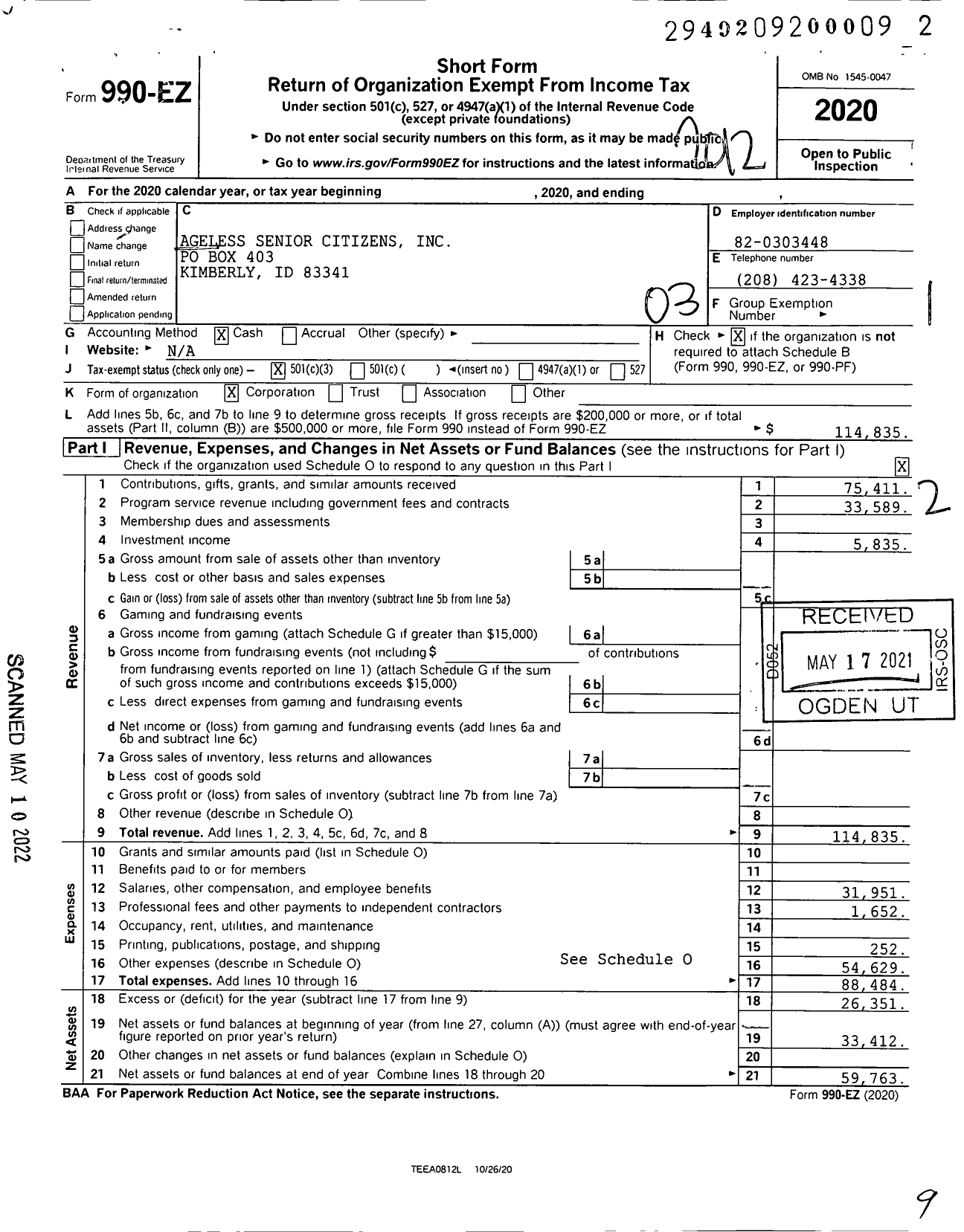 Image of first page of 2020 Form 990EZ for Ageless Senior Citizens