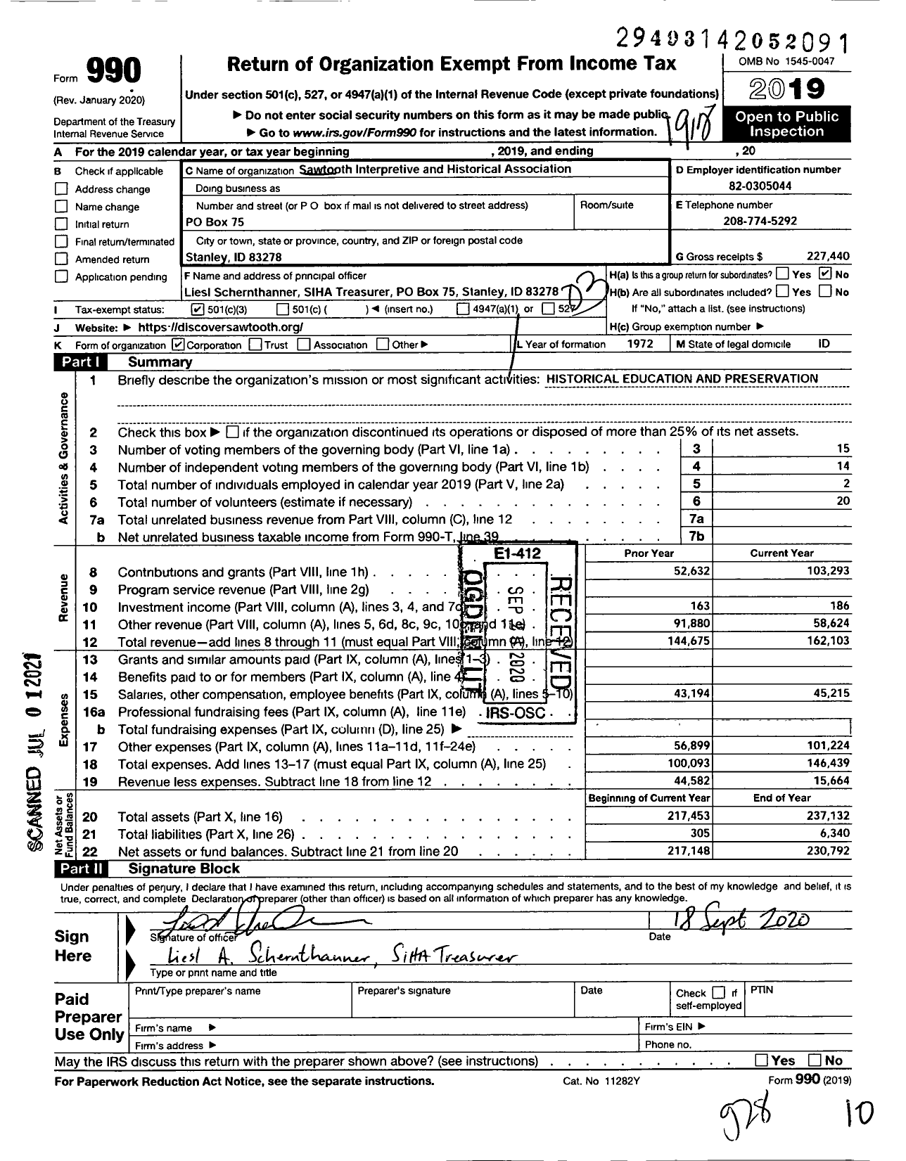 Image of first page of 2019 Form 990 for Sawtooth Interpretive and Historical Association