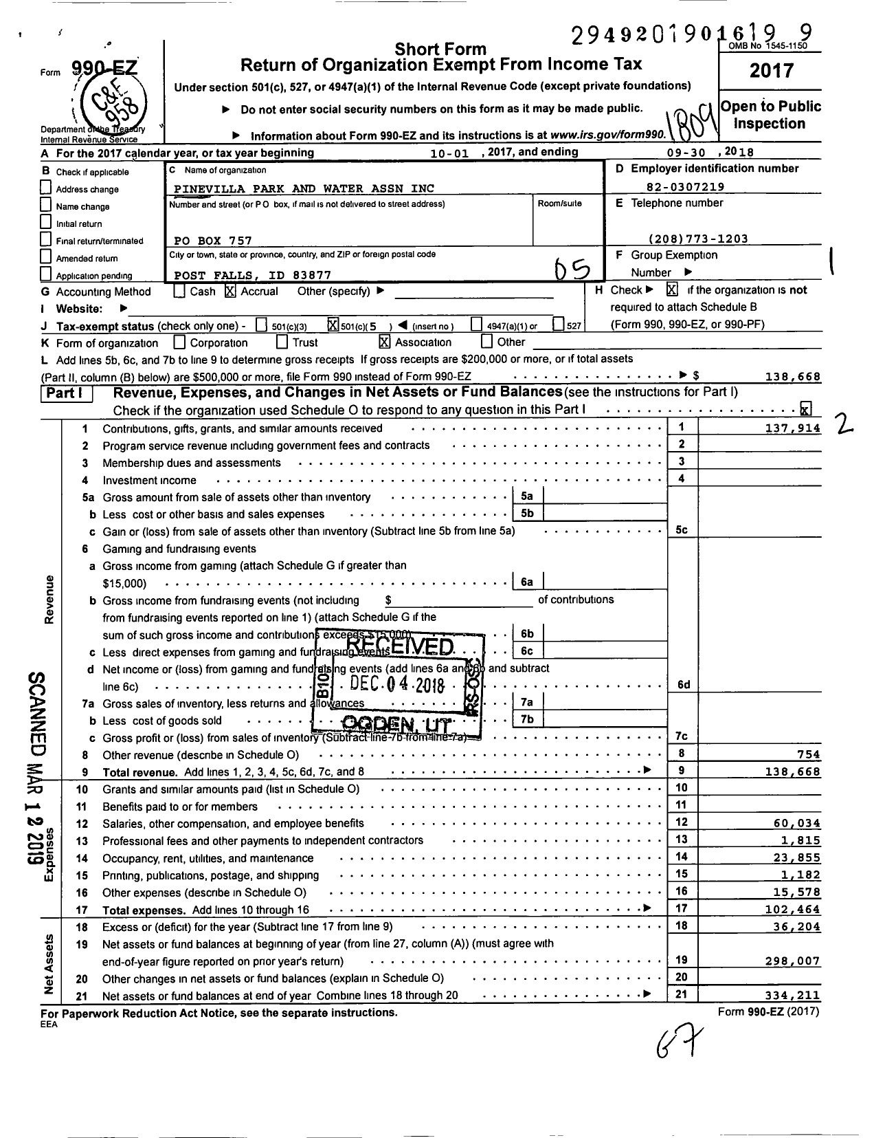 Image of first page of 2017 Form 990EO for Pinevilla Park and Water Association