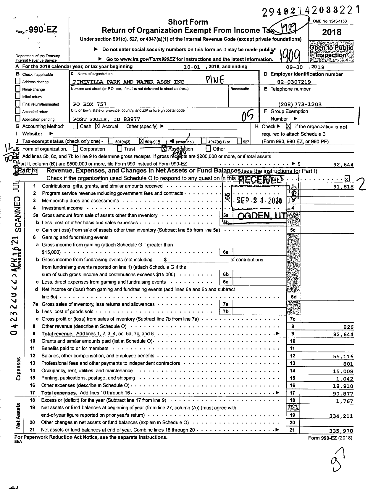 Image of first page of 2018 Form 990EO for Pinevilla Park and Water Association